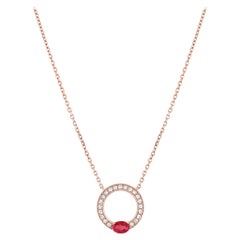 18K Rose Gold Diamond and Oval Ruby Round Pendant Necklace