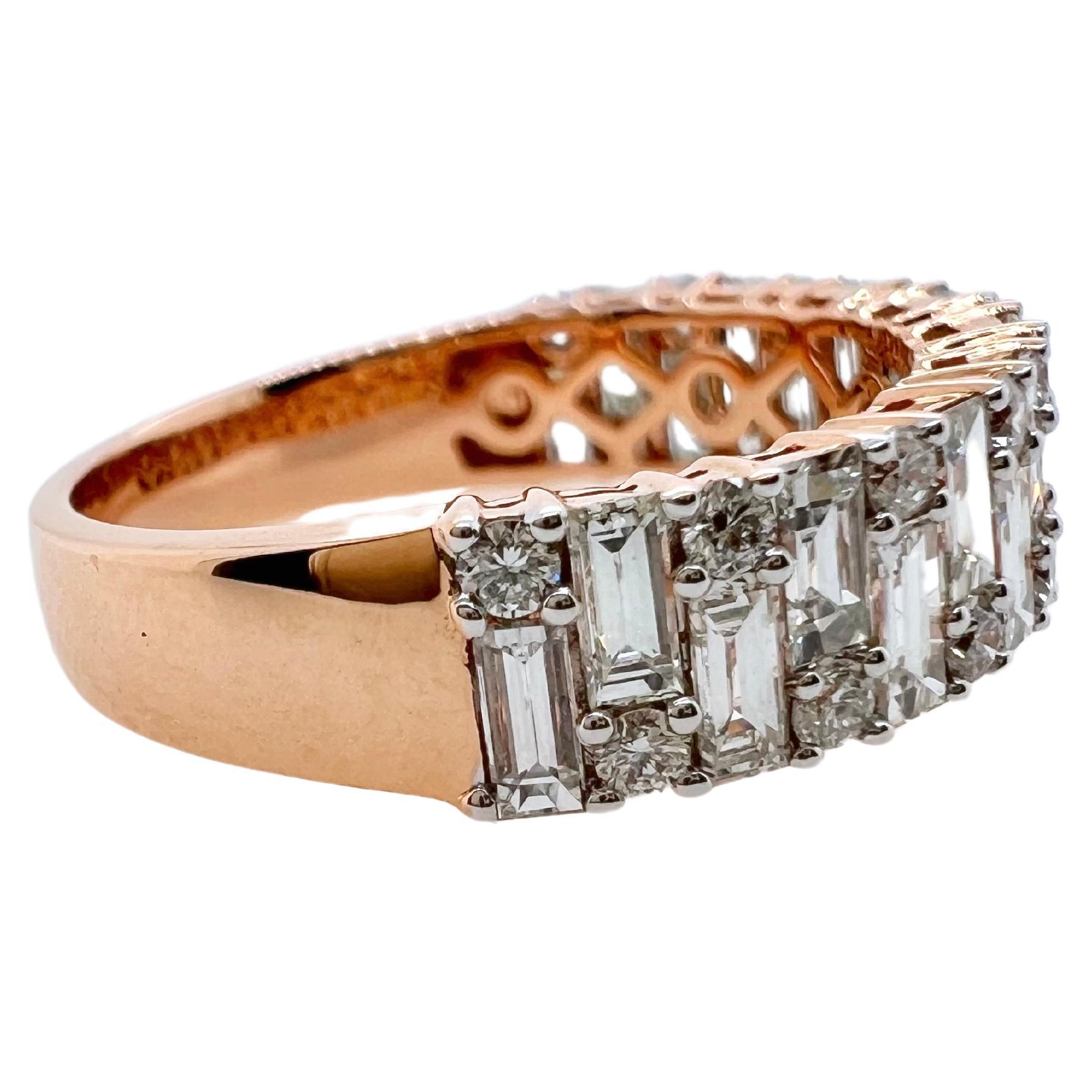 Baguette Cut 18k Rose Gold Diamond Band with Baguettes and Round Brilliant Cut For Sale