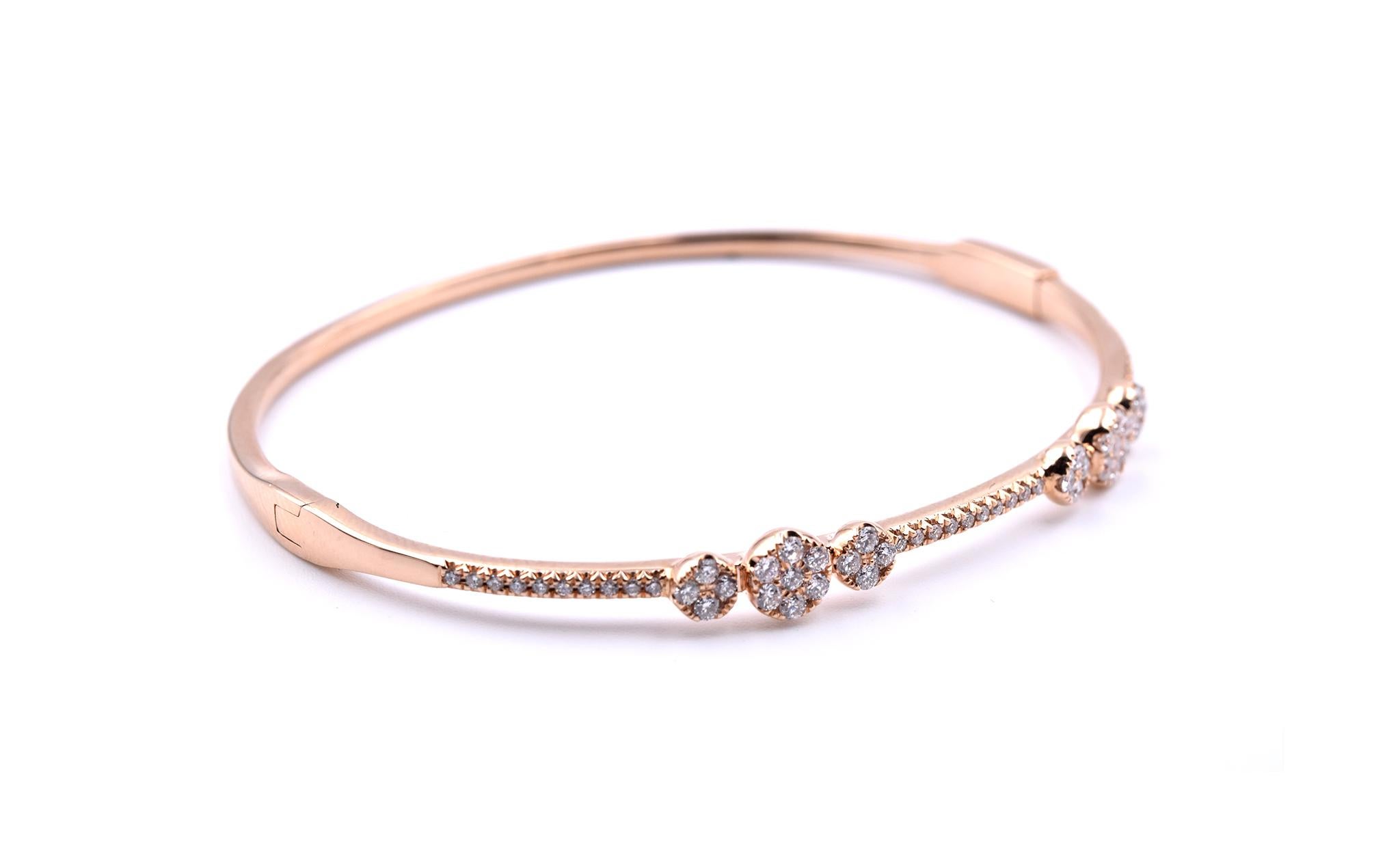 Designer: custom design
Material: 18k rose gold
Diamonds: 60 round brilliant cut= .70cttw
Color: H
Clarity: SI1
Dimensions: bracelet will fit a size 7-inch wrist, bracelet is 2.00mm-5.63mm wide
Weight: 11.38 grams
