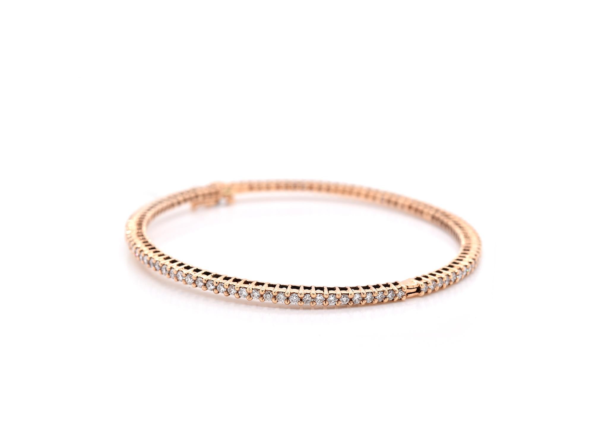 Material: 18k rose gold
Diamonds: 100 round brilliant cuts = 2.07cttw
Color: G
Clarity: VS
Dimensions: bracelet measures 7-inches in length
Weight: 11.1 grams
