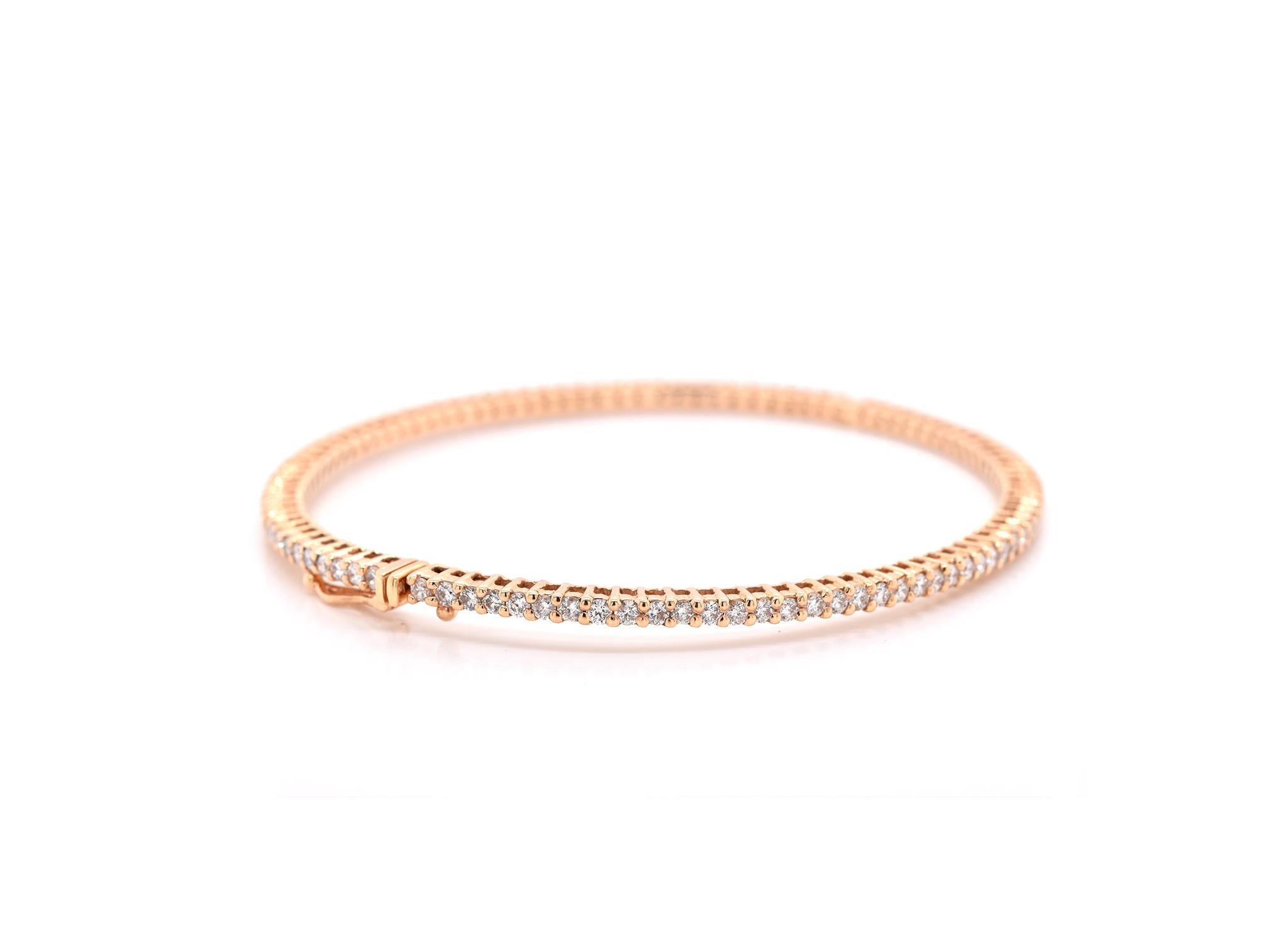 Material: 18k rose gold
Diamonds: 100 round brilliant cuts = 2.02cttw
Color: G
Clarity: VS
Dimensions: bracelet measures 7-inches in length
Weight: 10.4 grams

