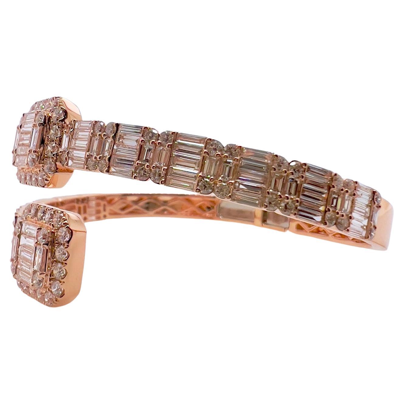 Baguette Cut 18k Rose Gold Diamond Bypass Style Bangle For Sale