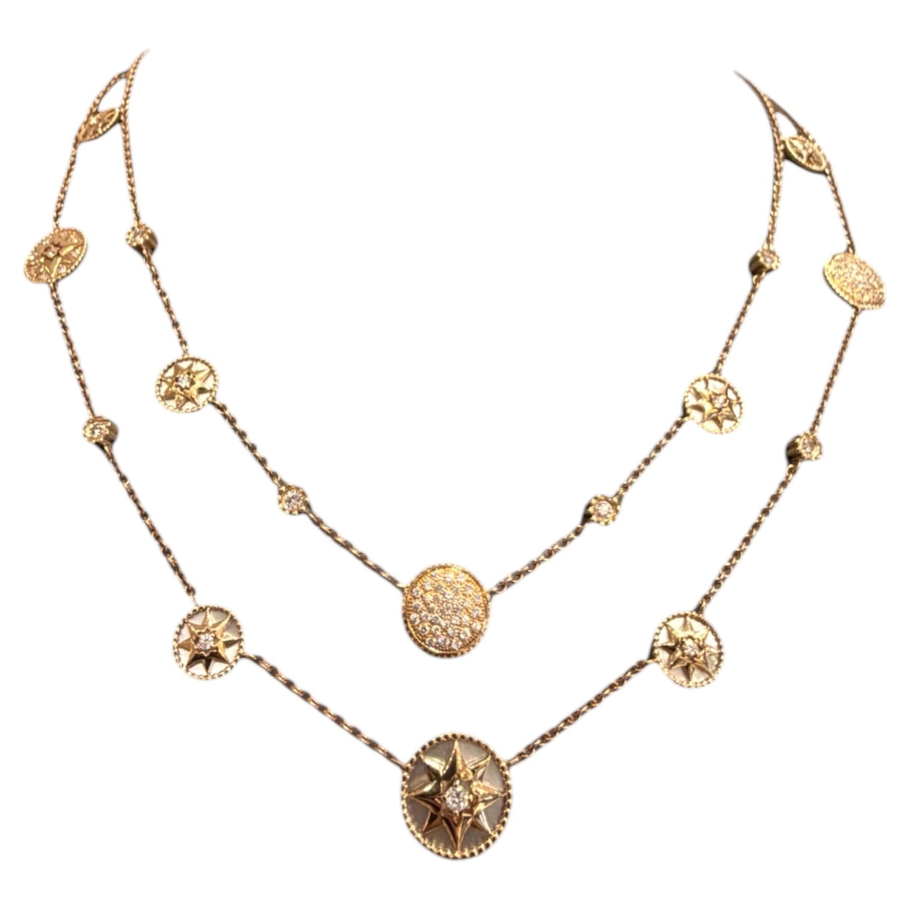 Rose Gold Diamond Necklace Compass Rose Mother of Pearl Double-Sided For Sale
