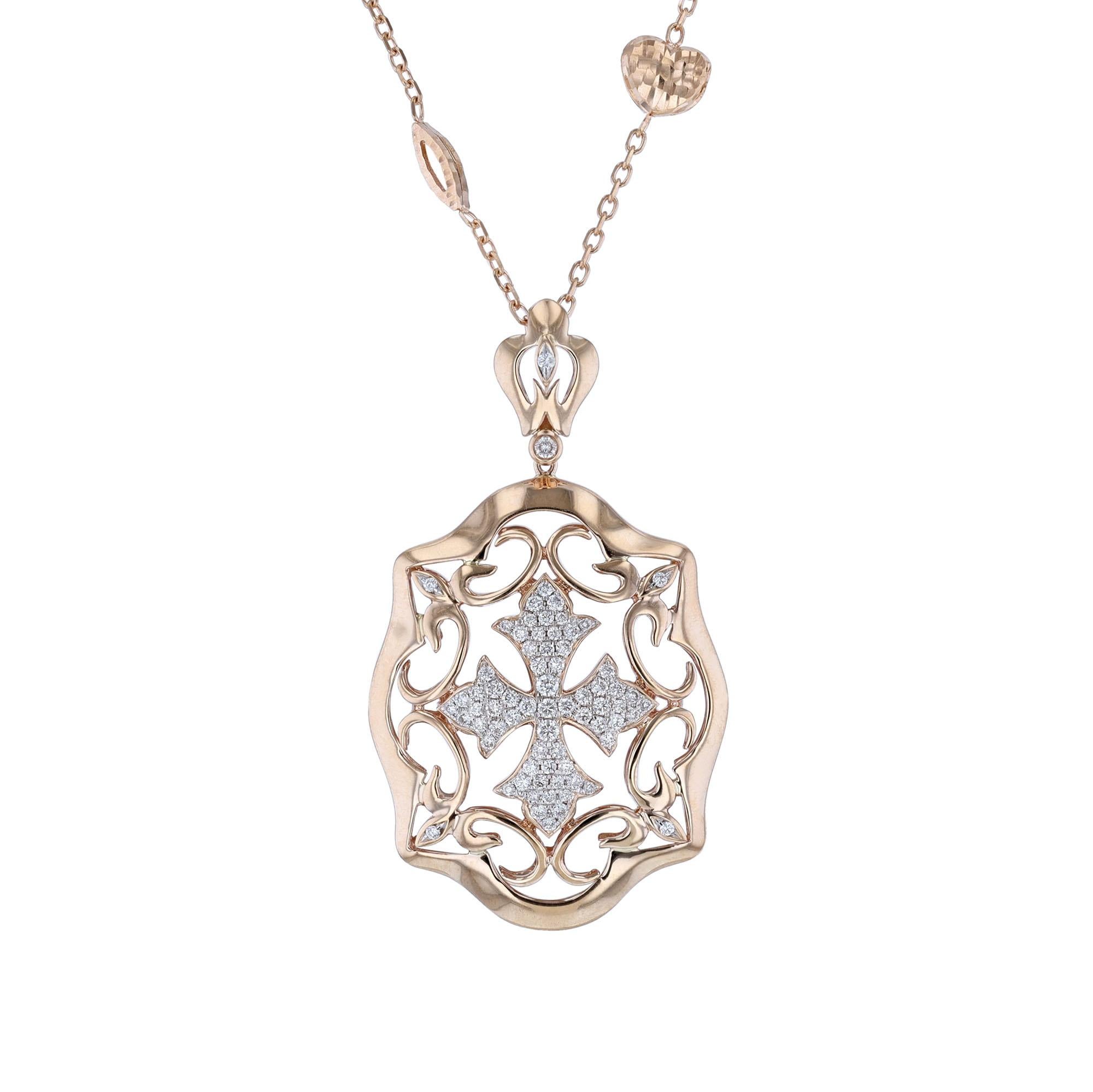 This necklace is made in 18K rose gold and features a pendant with a cross of 71 round cut diamonds. All diamonds are pave' set and weigh 2.05 carats. Attached to a station necklace of heart and oval spacers. Necklace has a color grade (H) and