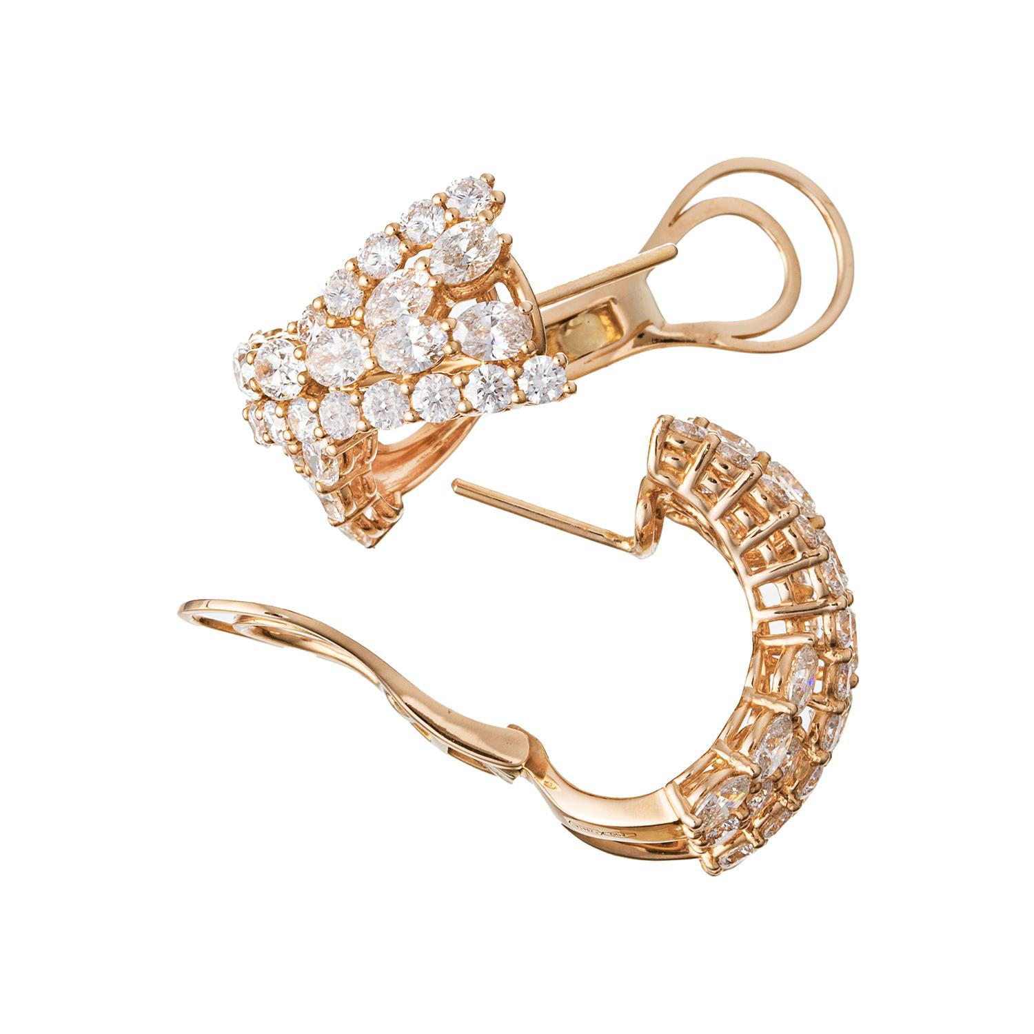 Diamond crossover earrings, set with oval and round brilliant-cut diamonds in polished 18k rose gold.  Diamonds weighing 5.82 total carats.  Clip backs with posts.  Handmade in Italy by Leo Pizzo.  0.9