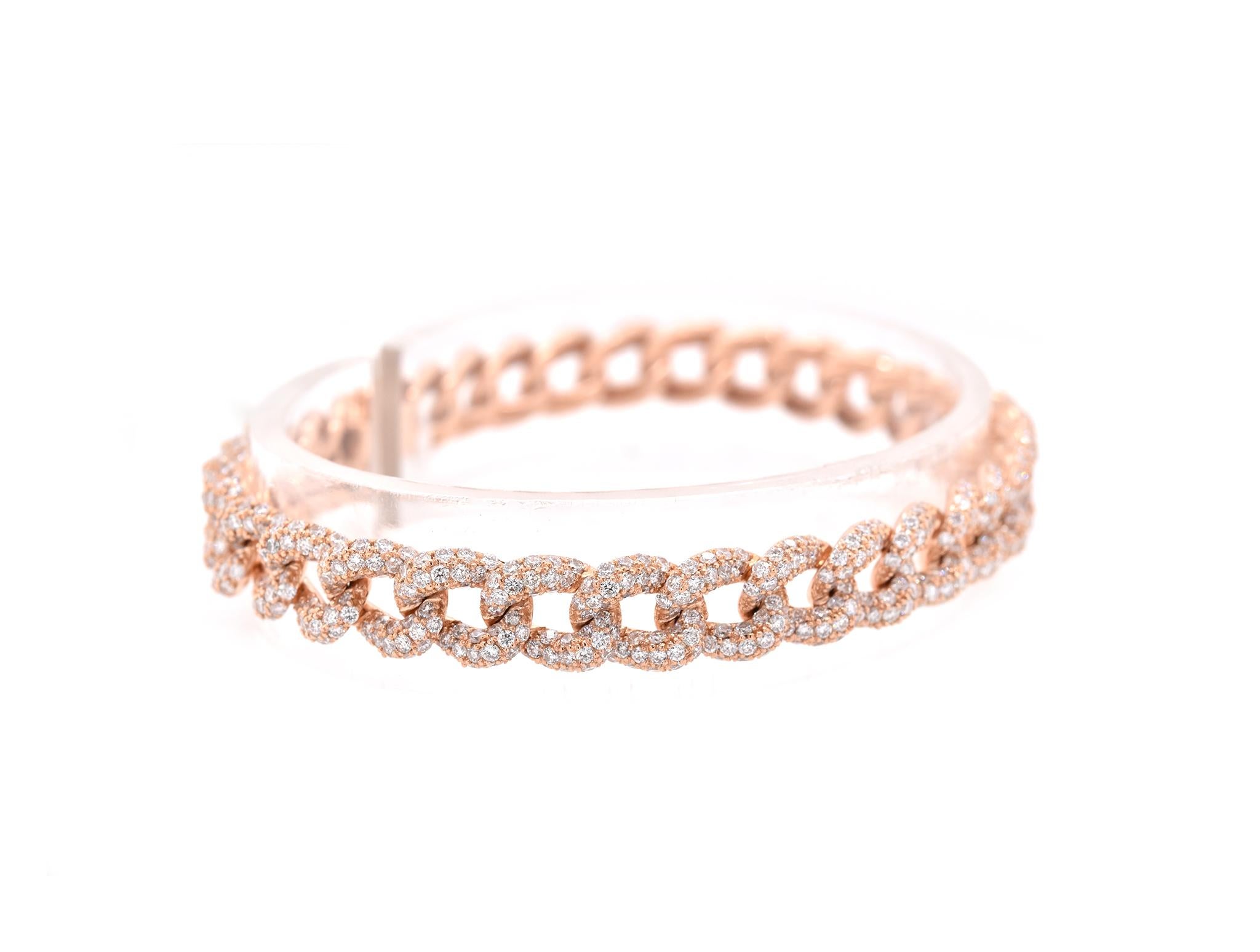 Material: 18k rose gold
Diamonds: 1043 round brilliant cuts = 6.36cttw
Color: G
Clarity: VS
Dimensions: bracelet measures 7-inches in length
Weight: 18.65 grams
