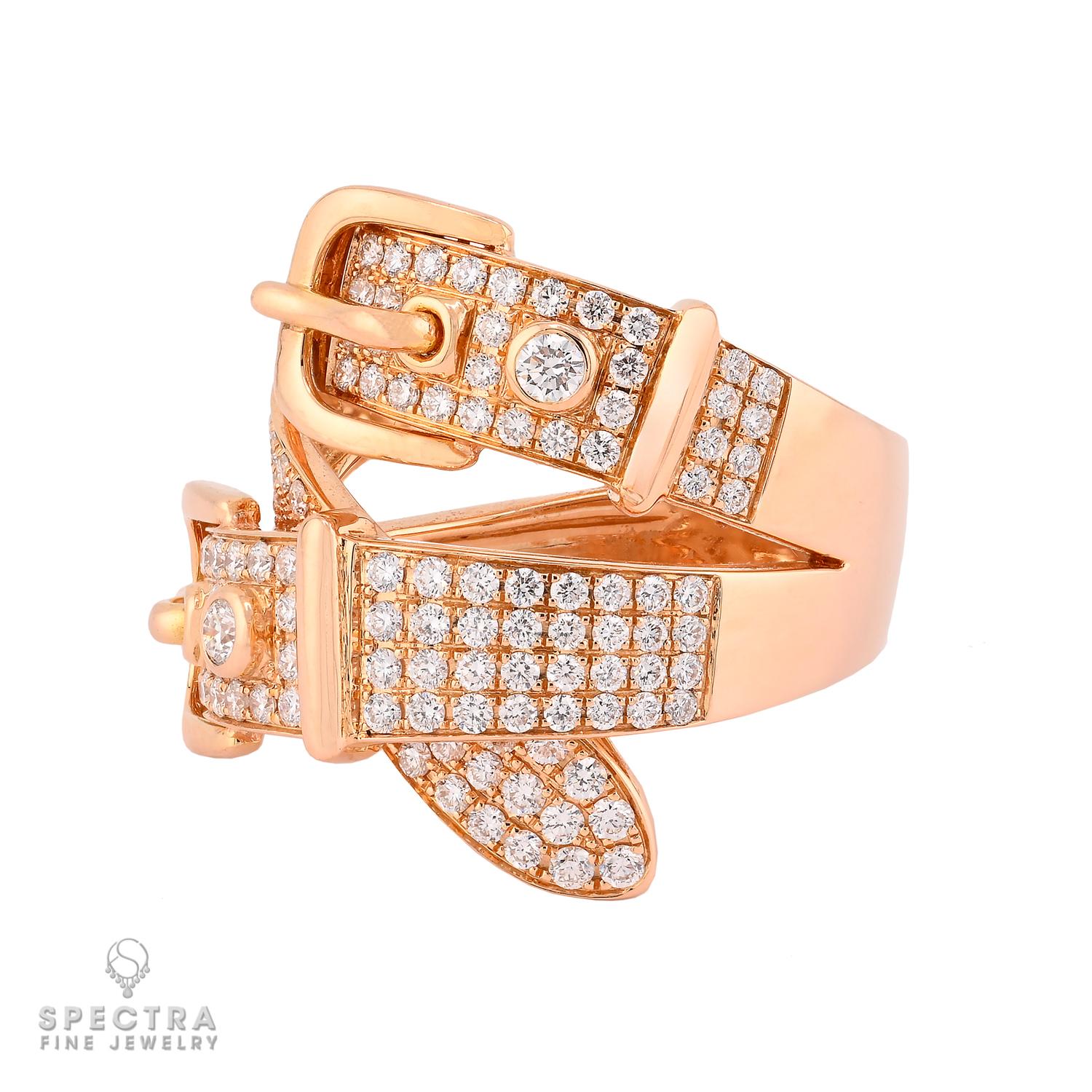 This stunning diamond double “buckle” ring is a bold yet elegant statement piece designed to capture attention from every angle. Crafted in warm 18k rose gold, the ring showcases a chic double-buckle motif, symbolizing strength, connection, and