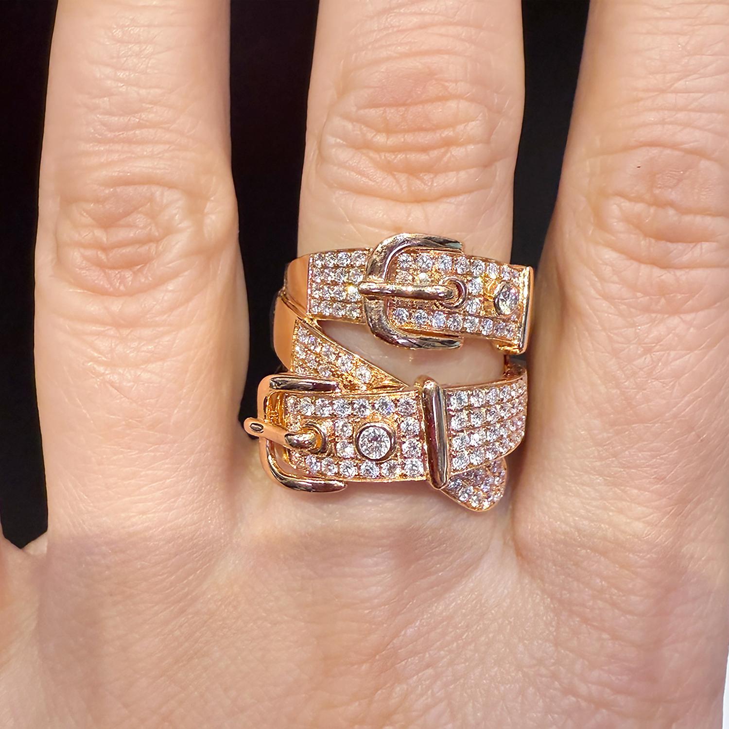 Brilliant Cut 18K Rose Gold Diamond Double Buckle Cocktail Ring For Sale