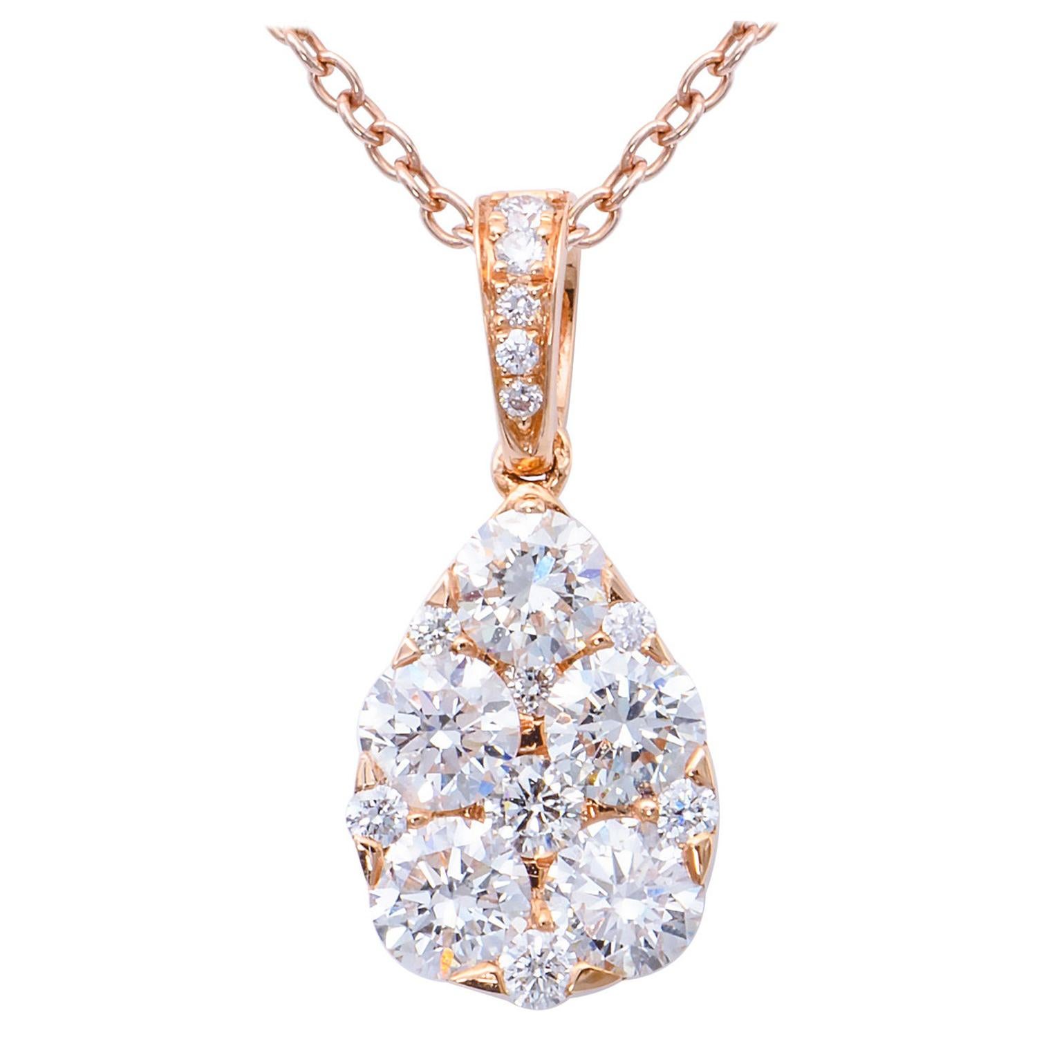 18k Rose Gold Diamond Drop Cluster Pendant with Chain For Sale