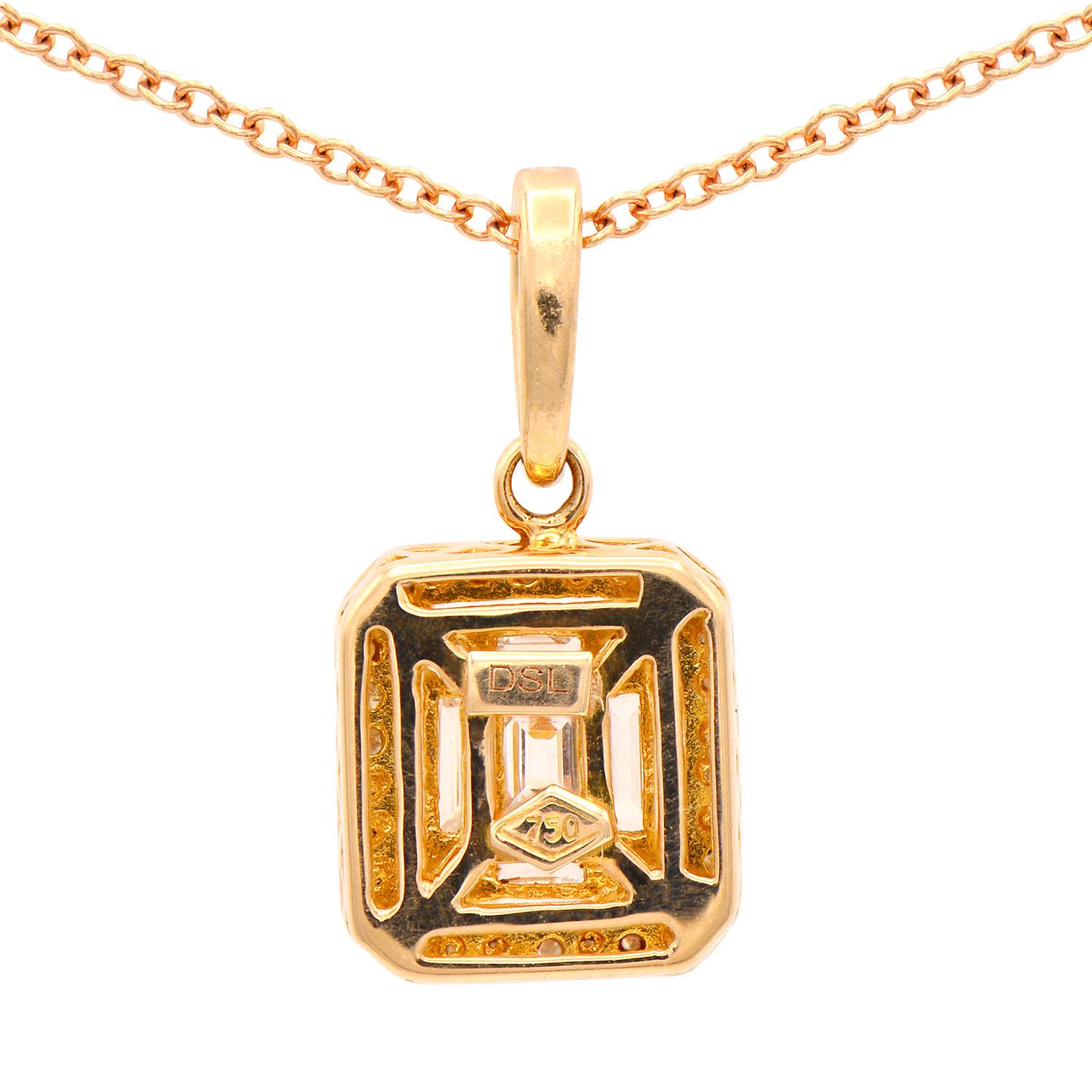 Contemporary 18K Rose Gold Diamond Emerald Illusion Pendant with Diamond Halo and Chain For Sale