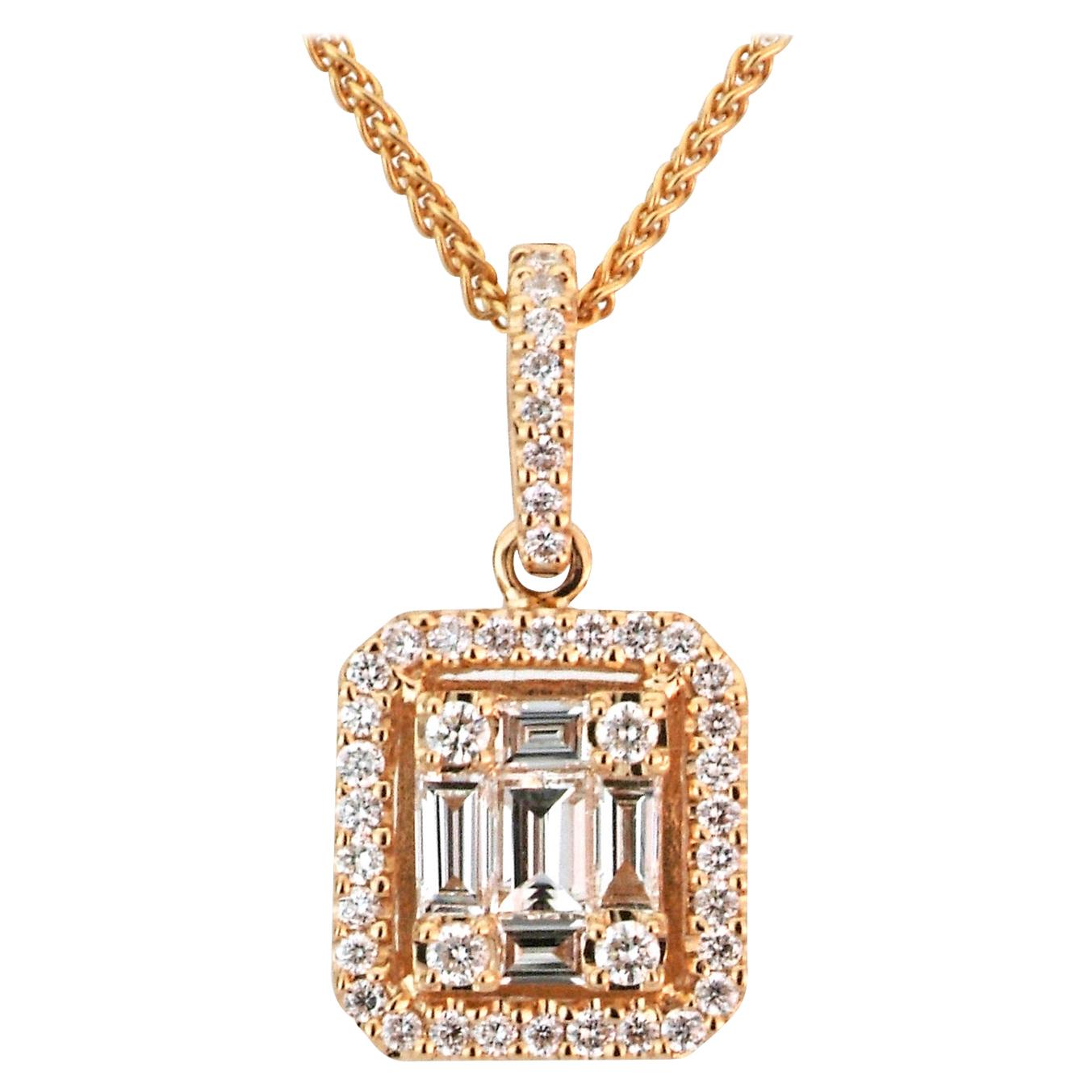 18K Rose Gold Diamond Emerald Illusion Pendant with Diamond Halo and Chain For Sale