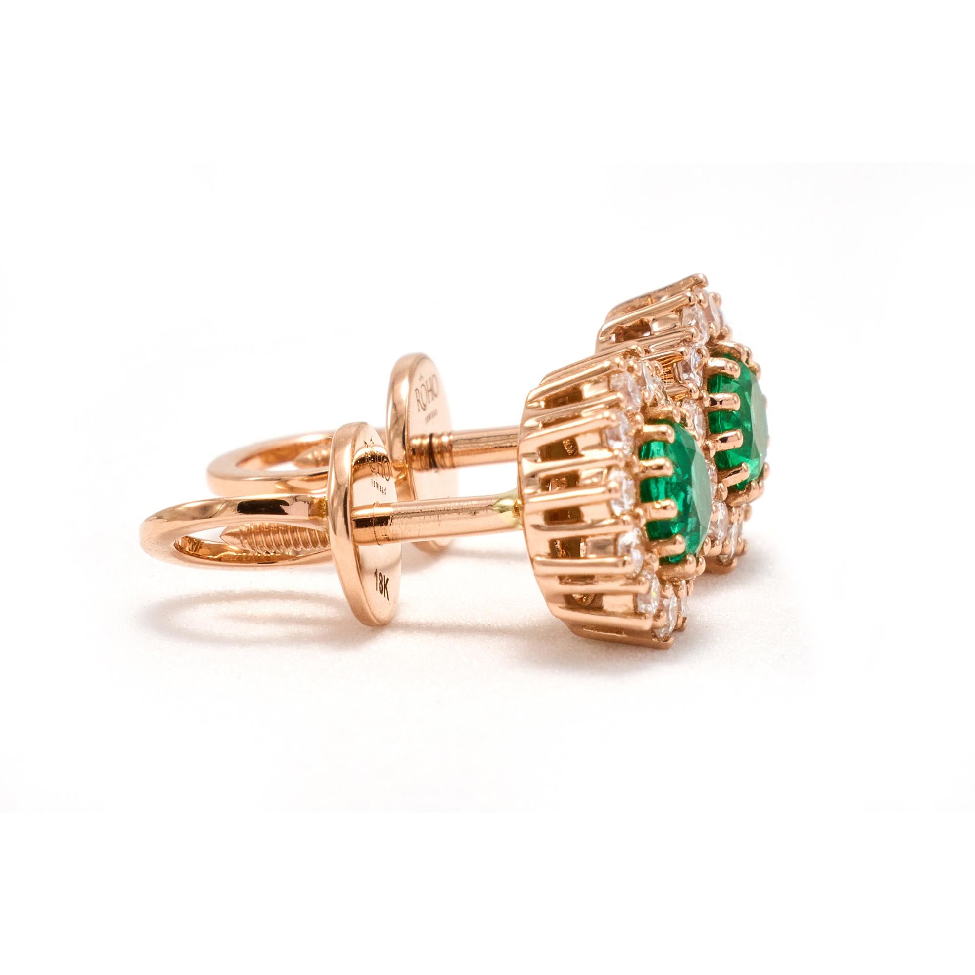 Round Cut 18k Rose Gold Diamond Emerald Stud Earrings May Birthstone