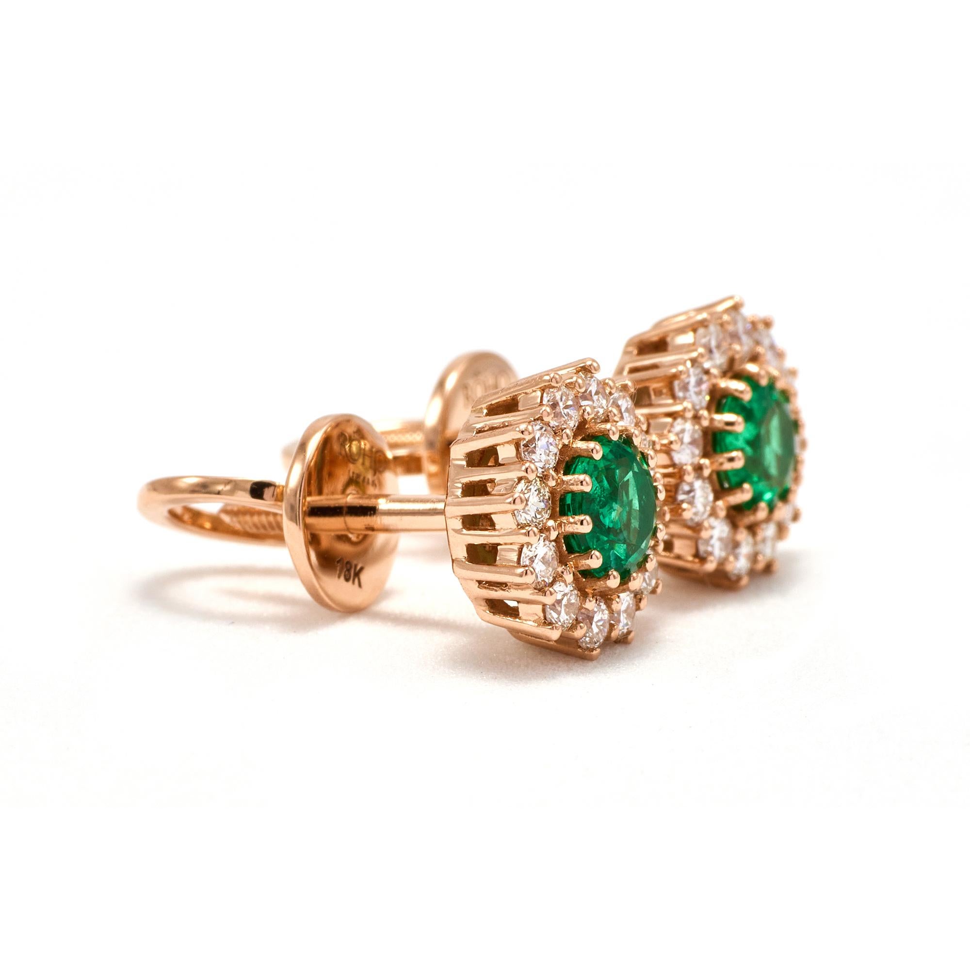 18k Rose Gold Diamond Emerald Stud Earrings May Birthstone In New Condition In Toronto, ON