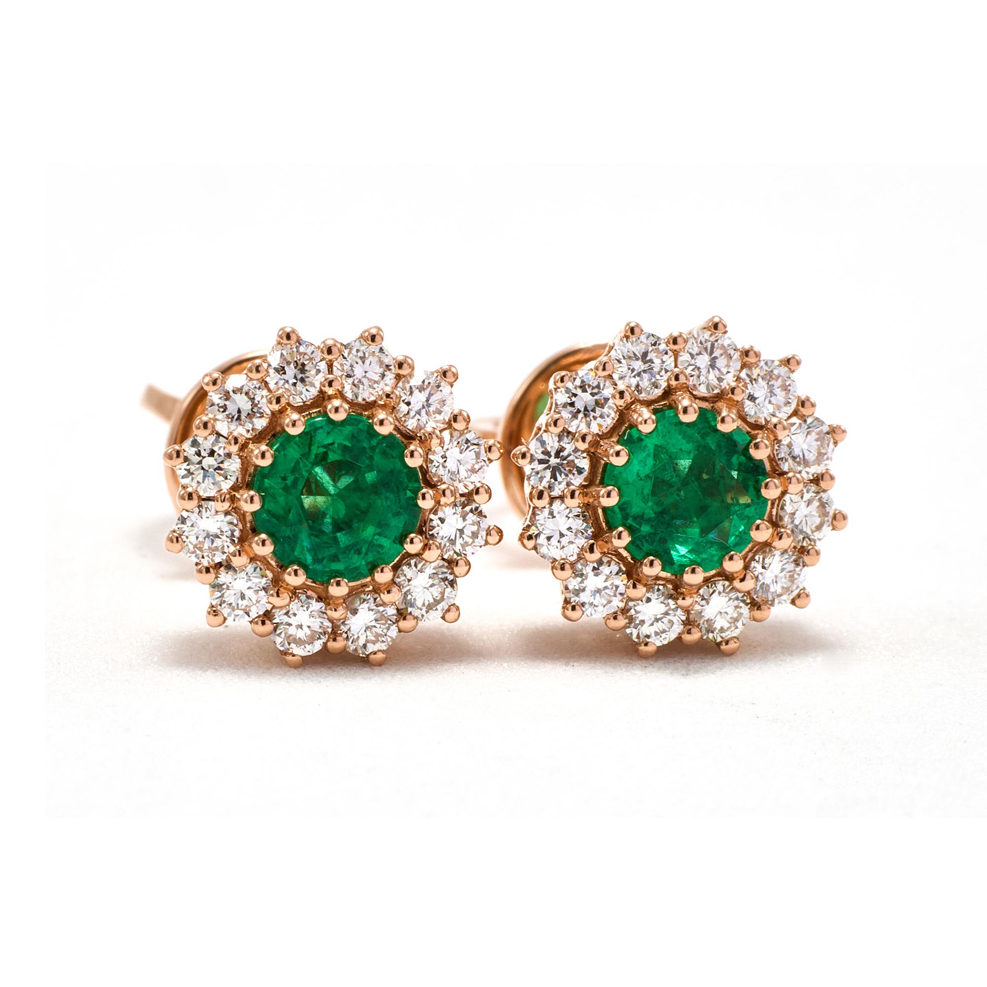 Women's 18k Rose Gold Diamond Emerald Stud Earrings May Birthstone