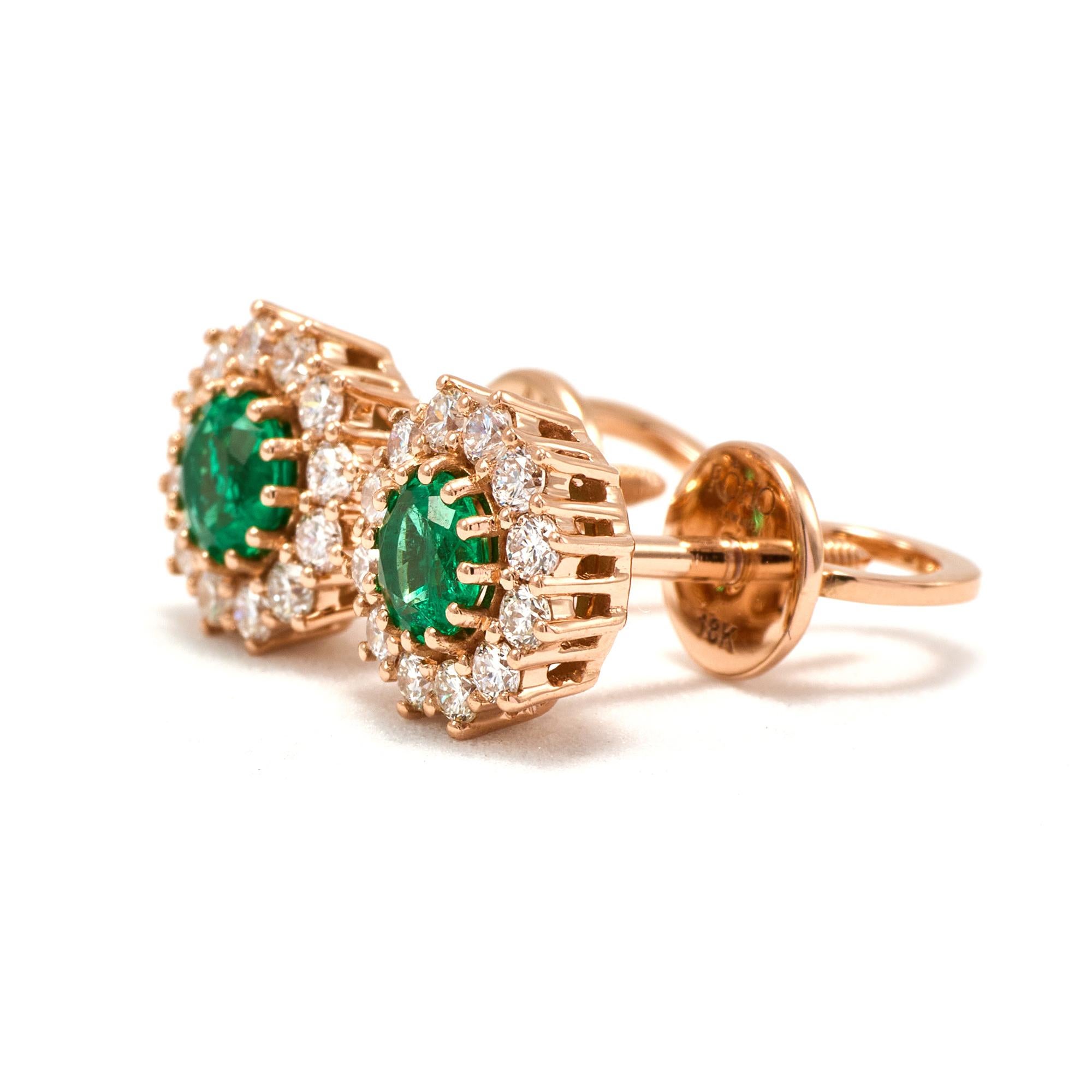 18k Rose Gold Diamond Emerald Stud Earrings May Birthstone 1