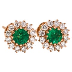 18k Rose Gold Diamond Emerald Stud Earrings May Birthstone