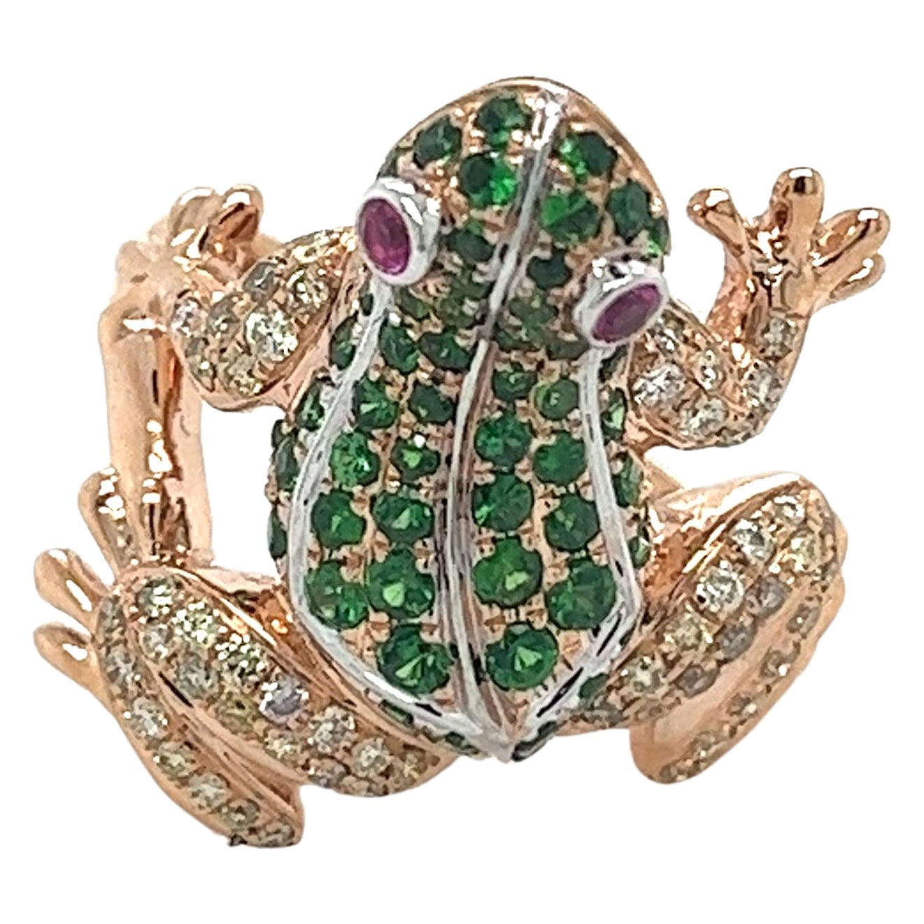 Bague grenouille en or rose 18K avec diamant et grenat vert