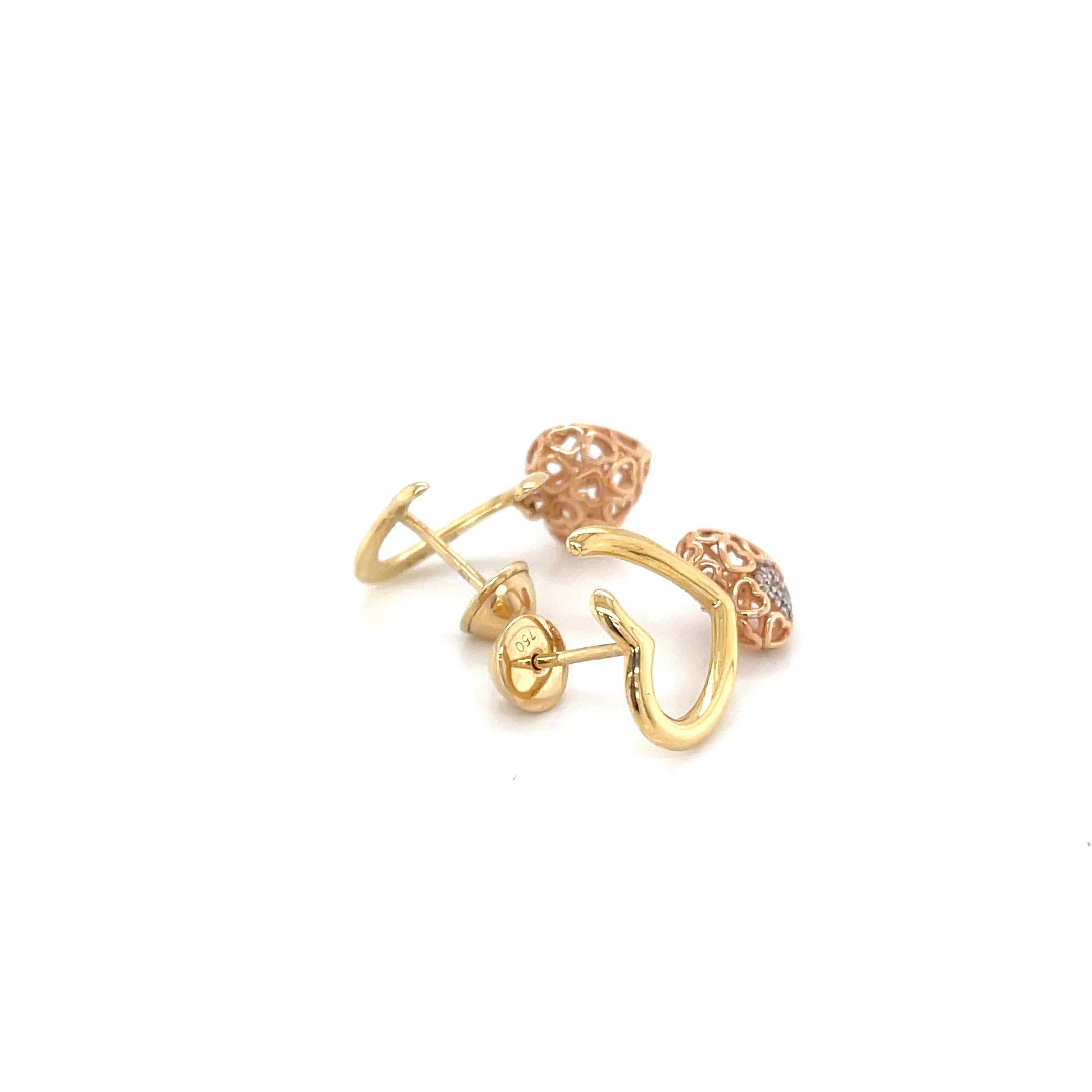 Taglio rotondo Orecchini a goccia con cuore e diamante in oro rosa 18K in vendita