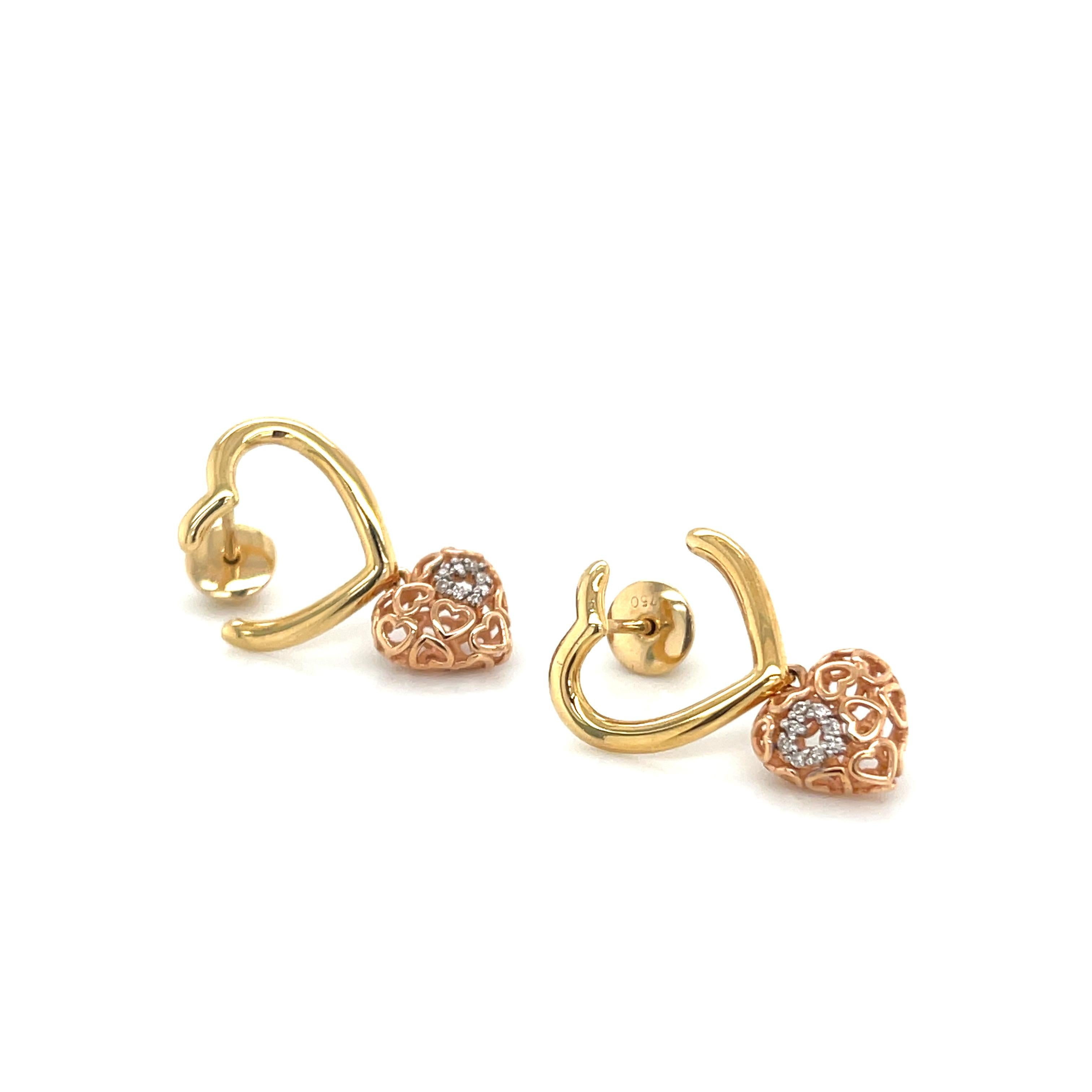 Orecchini a goccia con cuore e diamante in oro rosa 18K in vendita 1