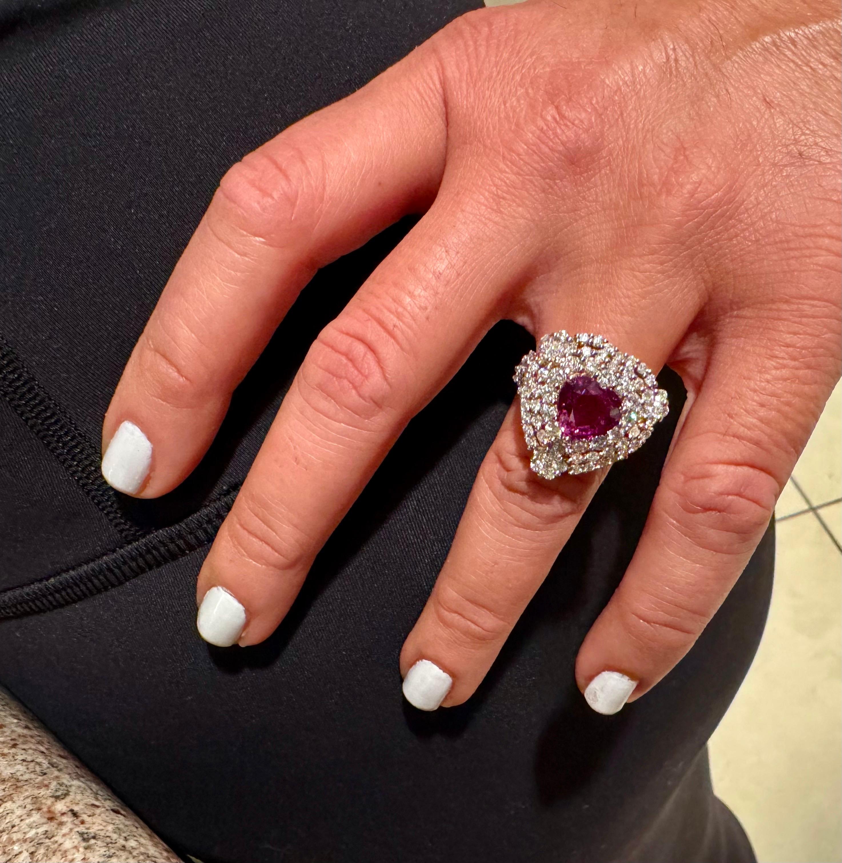 18K Rose Gold Diamond Heart GIA Certified 3.50 Carat No Heat Pink Sapphire Ring For Sale 6
