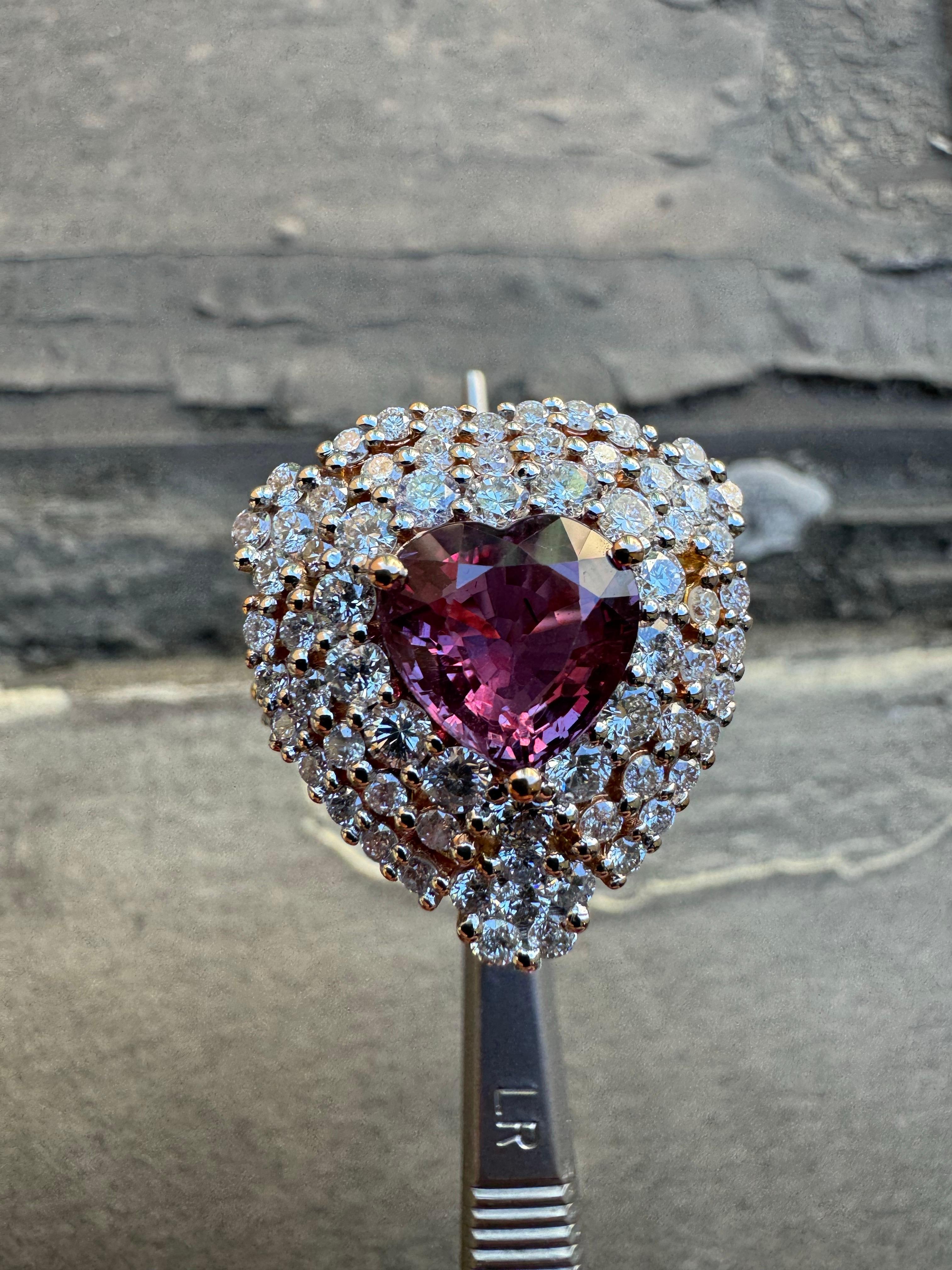18K Rose Gold Diamond Heart GIA Certified 3.50 Carat No Heat Pink Sapphire Ring For Sale 1