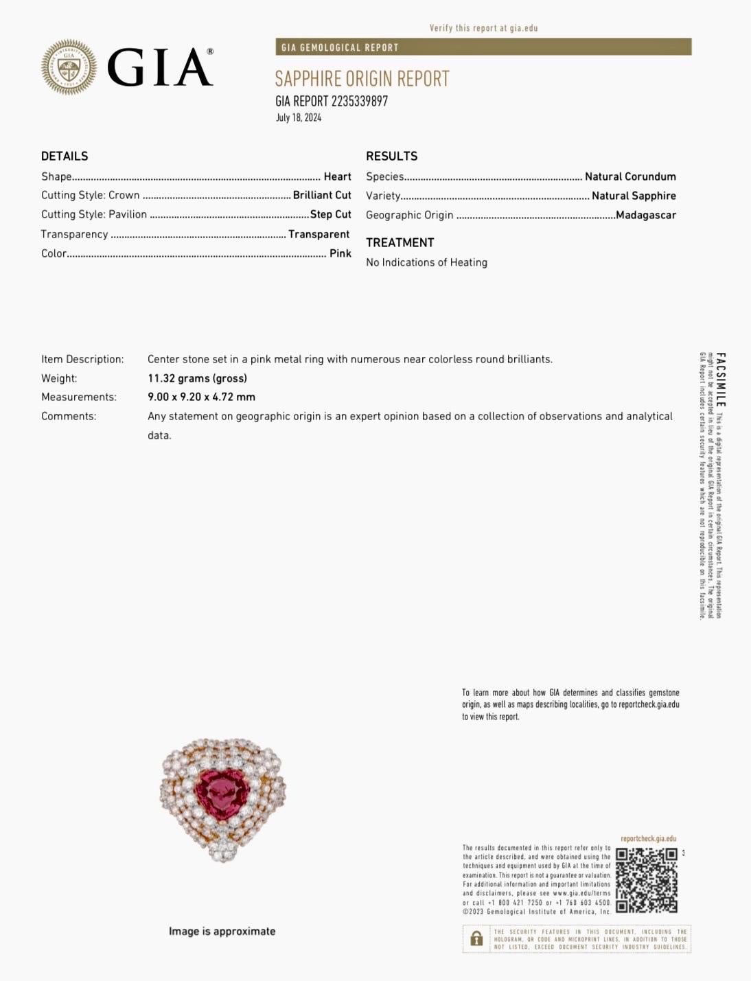 18K Rose Gold Diamond Heart GIA Certified 3.50 Carat No Heat Pink Sapphire Ring For Sale 3