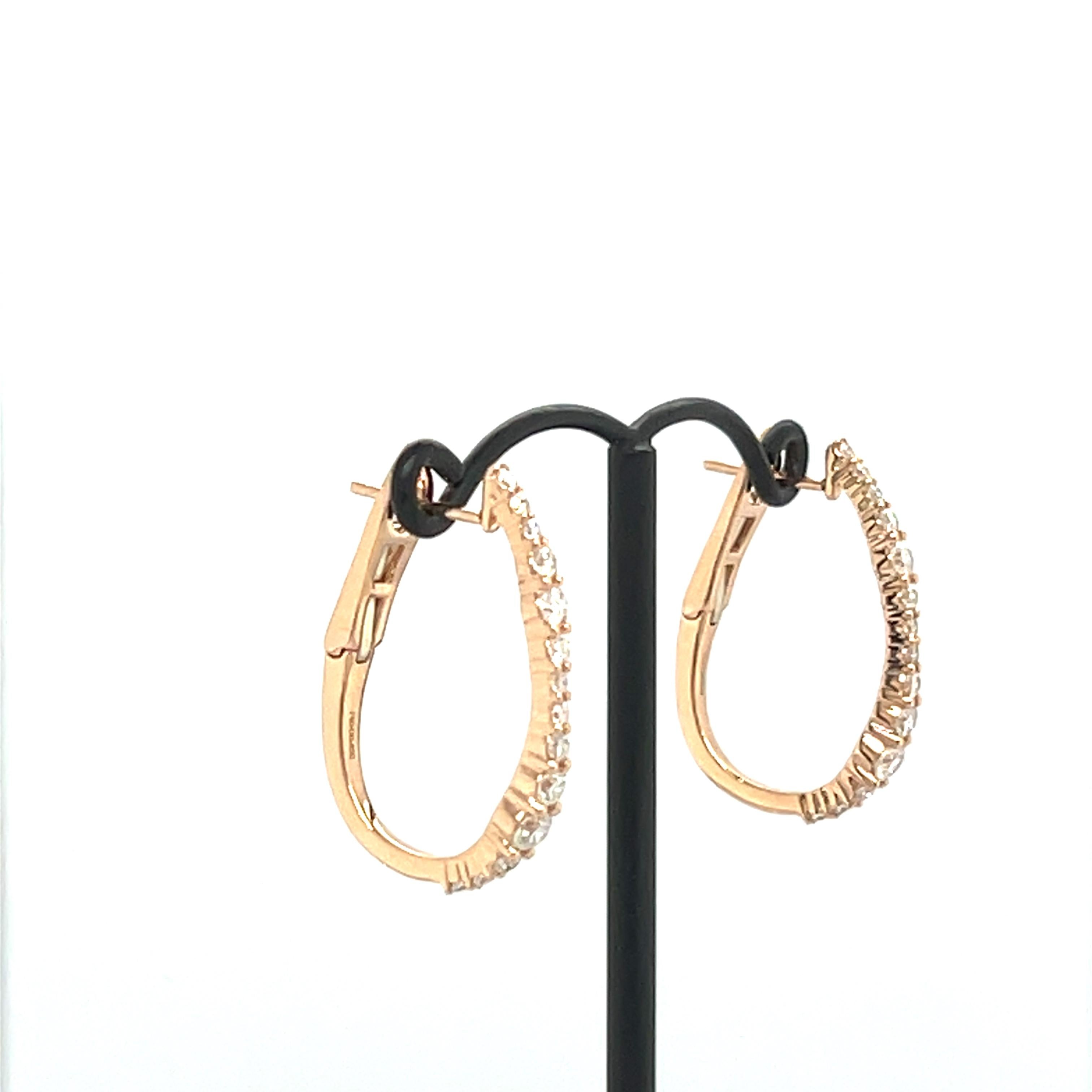Women's 18K Rose Gold Diamond Hoop Earrings For Sale