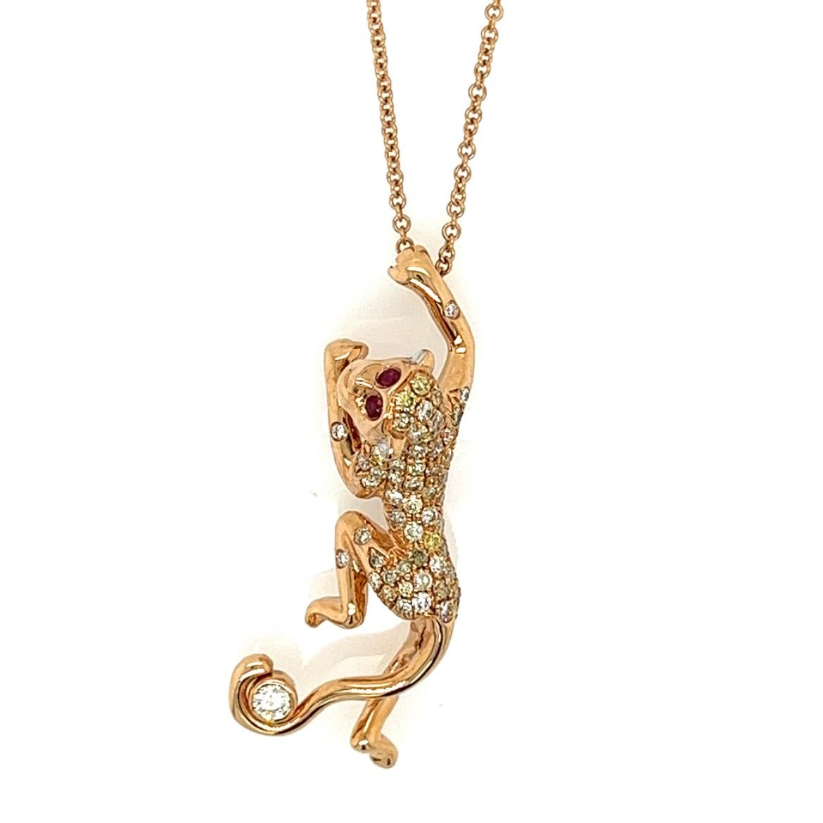 18K Rose Gold Diamond Monkey Necklace with Rubies

58 Fancy Diamonds - 0.61 CT
6 Diamonds - 0.04 CT
2 Rubies - 0.04 CT
18K Rose Gold - 7.16 GM
