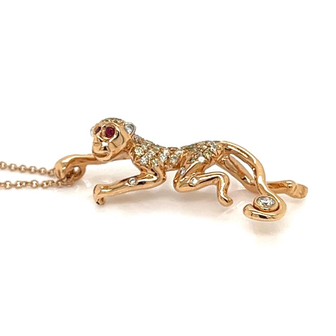 Modern 18K Rose Gold Diamond Monkey Necklace with Rubies