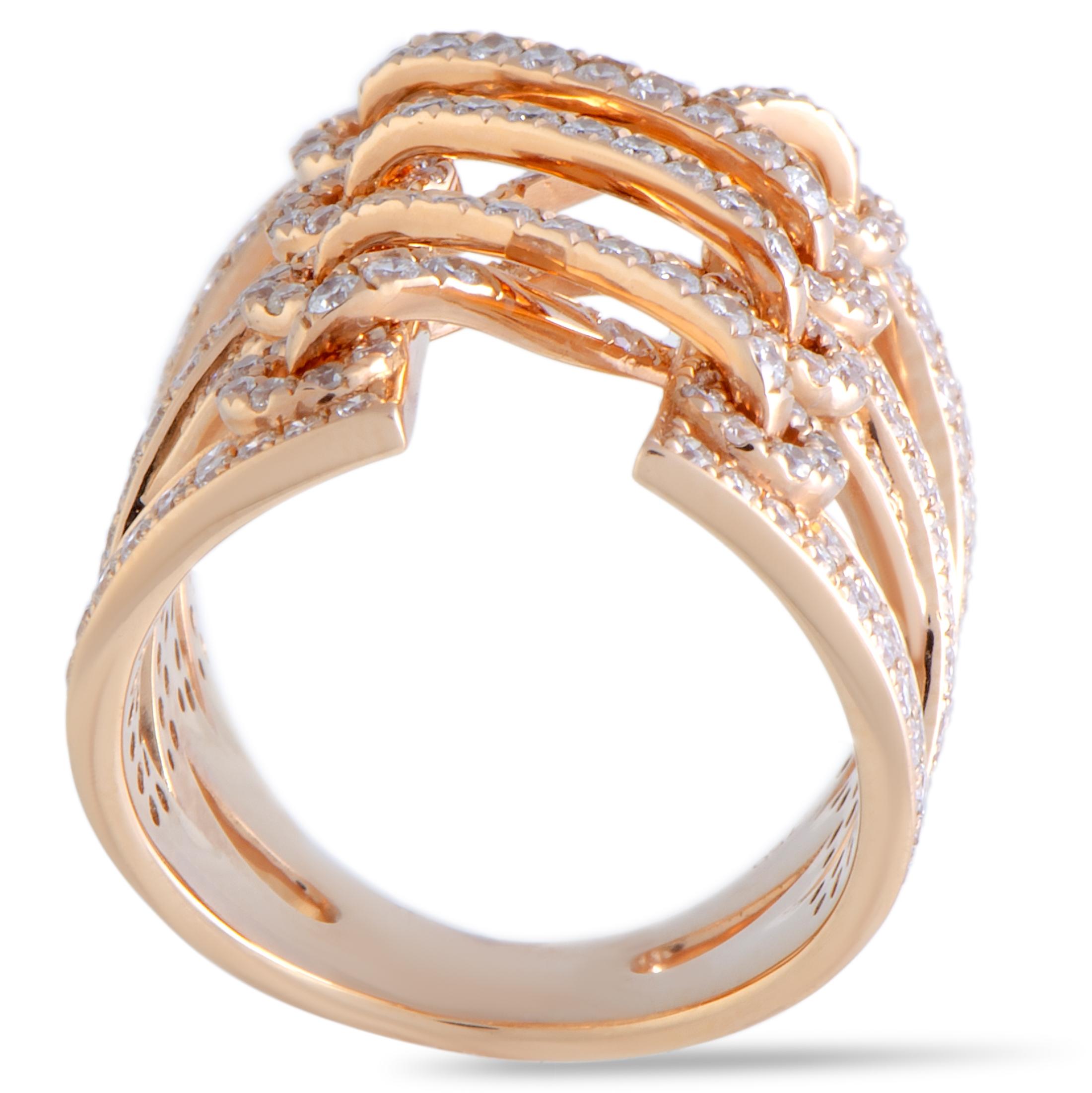 With a stunningly offbeat design reminiscent of a corset, this fabulous  ring will give an exquisitely fashionable appeal to any ensemble of yours. The ring is splendidly made of feminine 18K rose gold and it is luxuriously embellished with