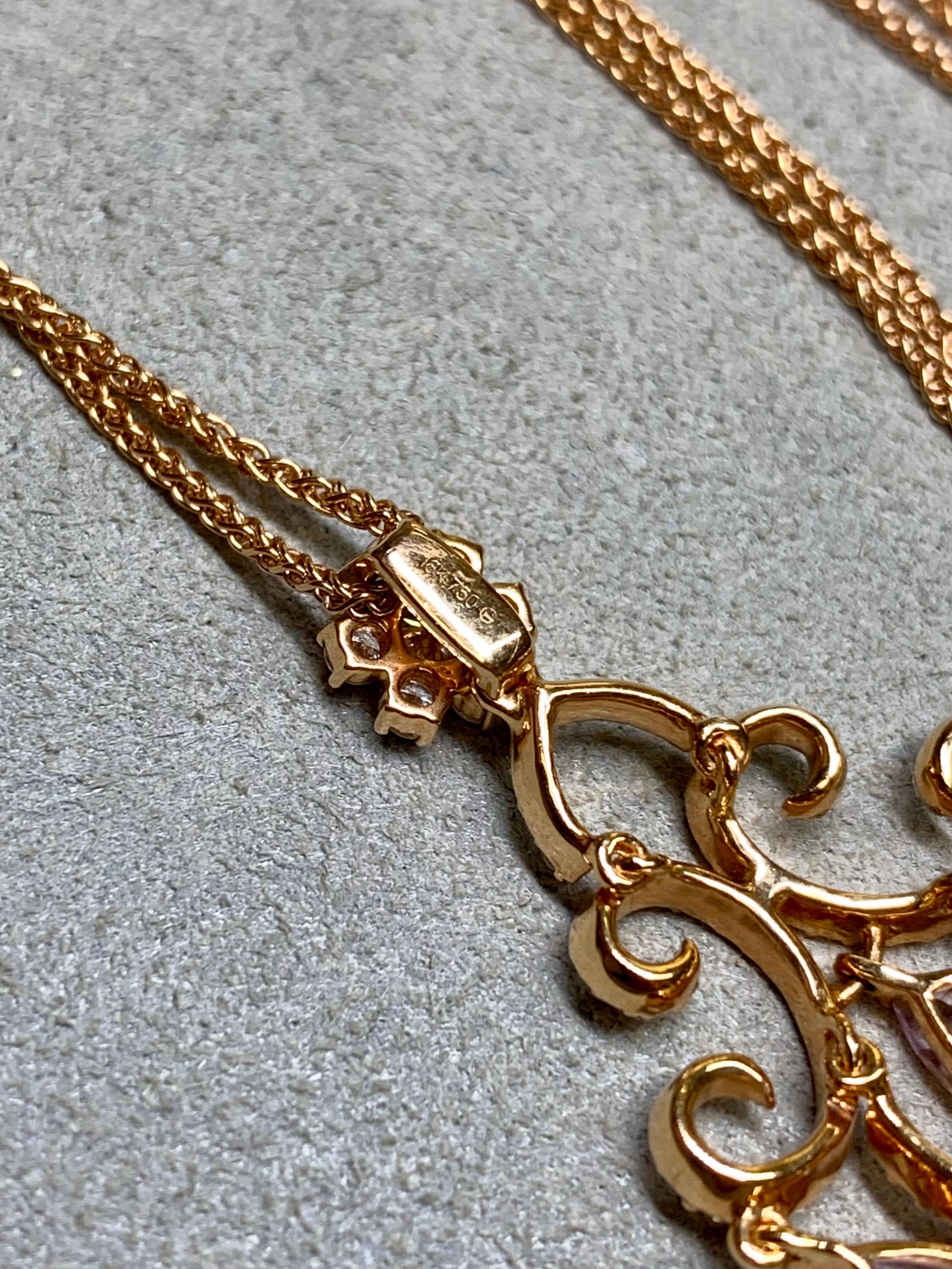 Collier pendentif chandelier articulé en or rose 18K avec diamants et kunzite en forme de poire Unisexe en vente
