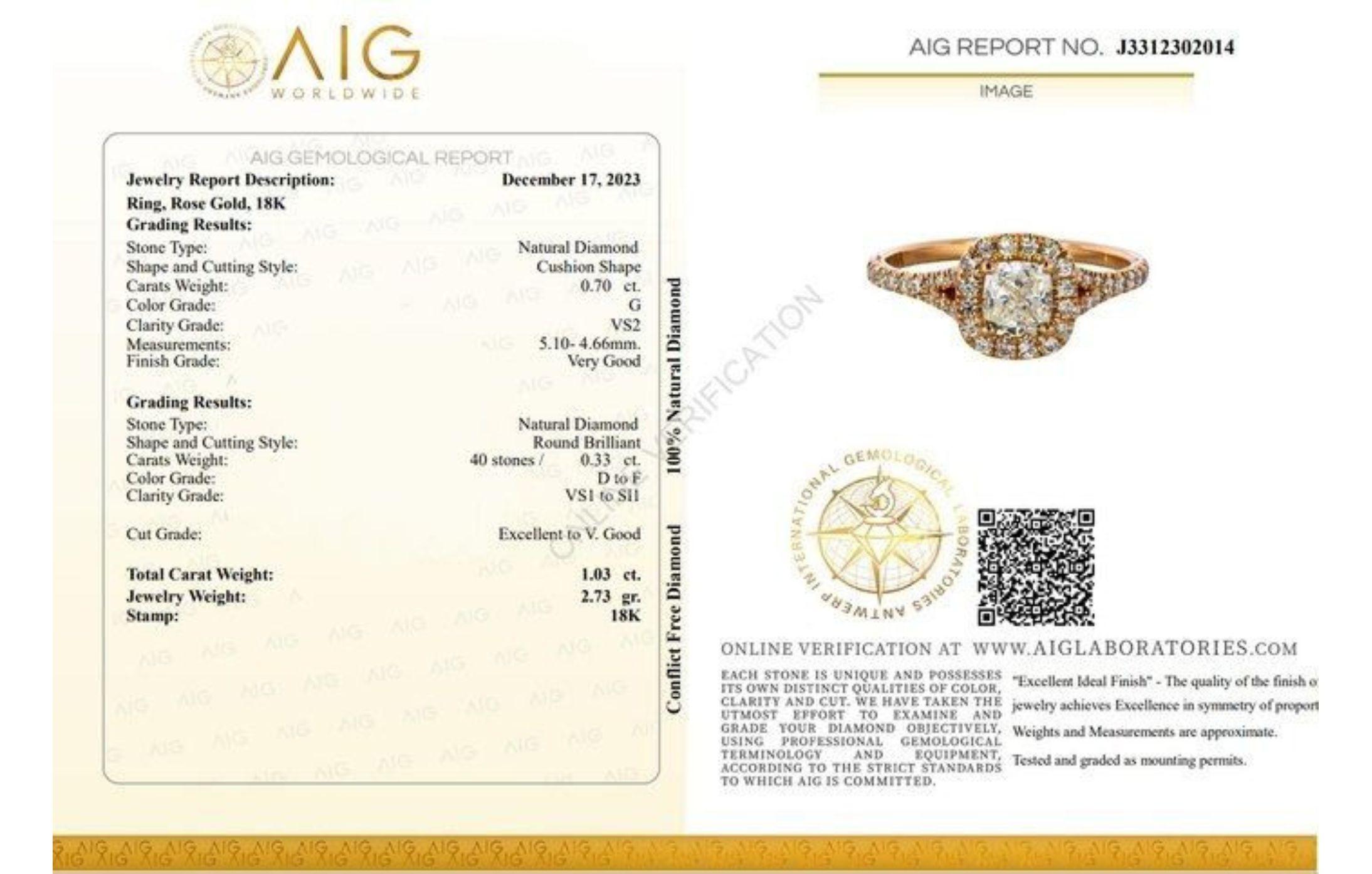 18K Rose Gold Diamond Ring with 1.03ct Natural Diamonds For Sale 2