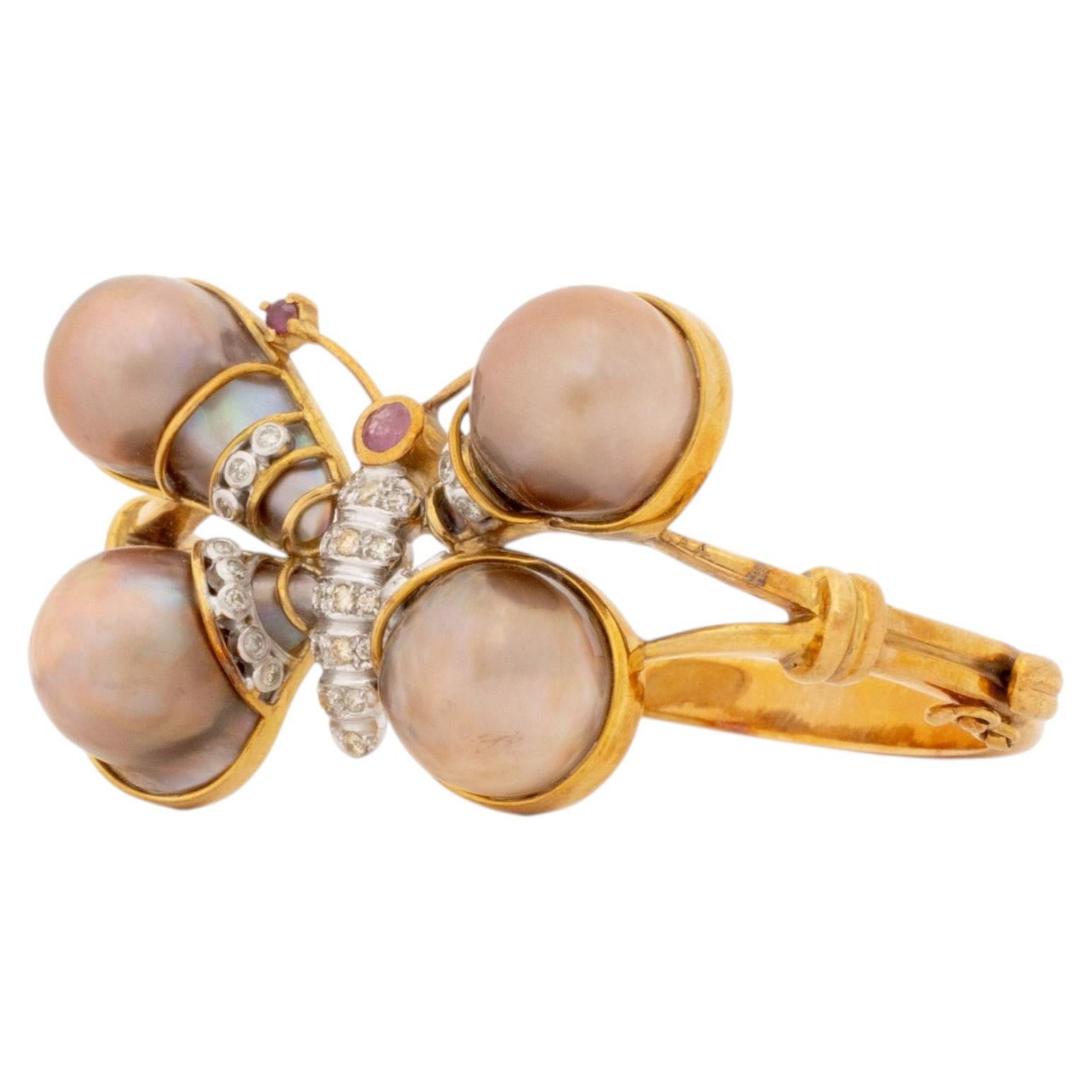 18K Rose Gold, Diamond, Ruby, and Pearl Butterfly-Form Bangle For Sale