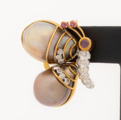 18K Rose Gold Diamond, Ruby, and Pearl Butterfly-Form Earrings