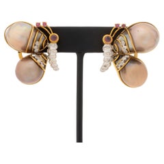 18K Rose Gold Diamond, Ruby, and Pearl Butterfly-Form Earrings