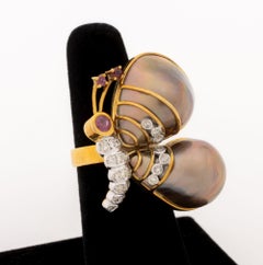 18K Rose Gold, Diamond, Ruby, and Pearl Butterfly-Form Ring