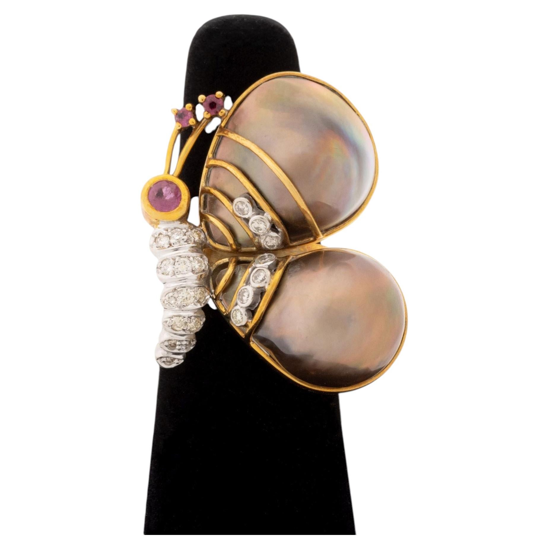18K Rose Gold, Diamond, Ruby, and Pearl Butterfly-Form Ring For Sale