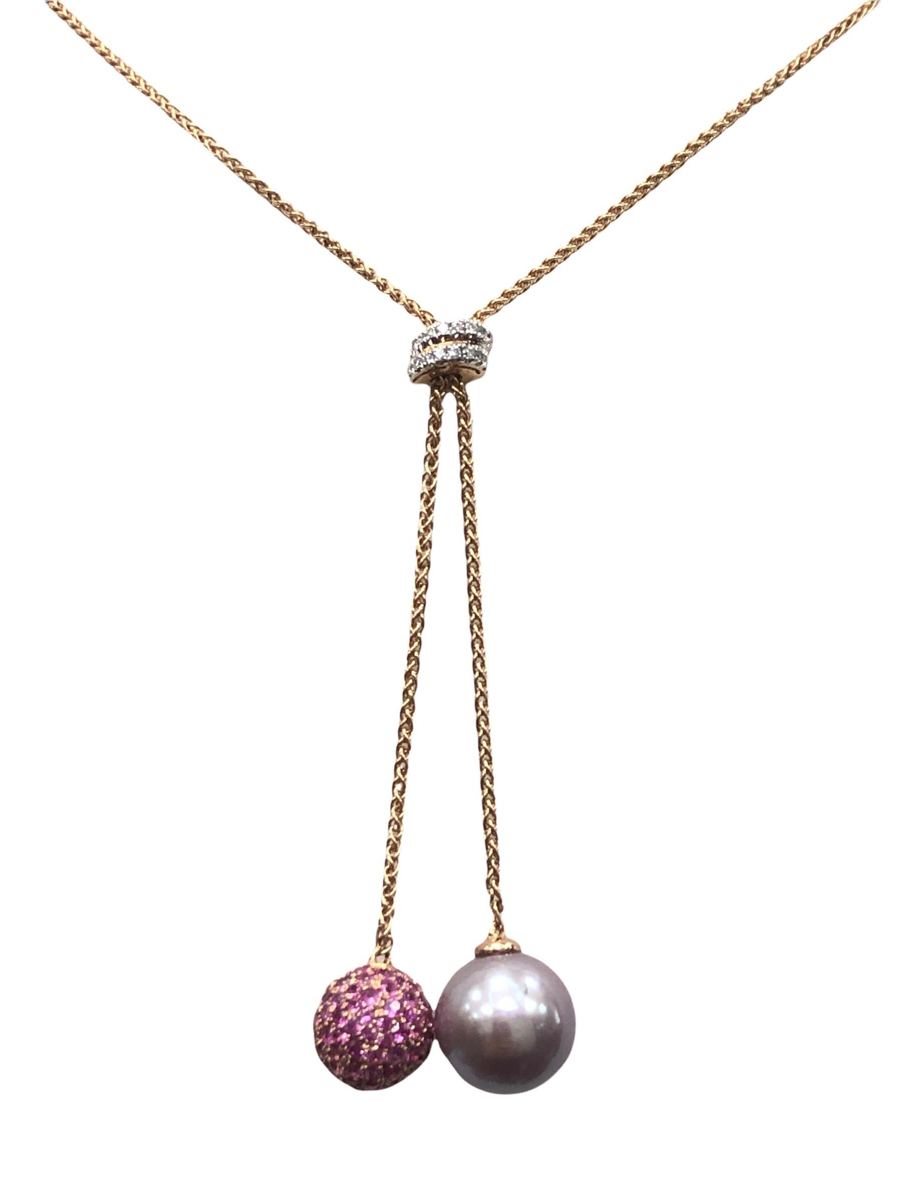 Adjustable necklace in 18k rose gold with 16 pieces round brillant diamonds , 184 pieces pink round sapphires and 1 piece purple fresh water pearl in 10.18mm , diamonds carat total weight 0.06 carats, sapphires carat total weight 1.96 carats. Length