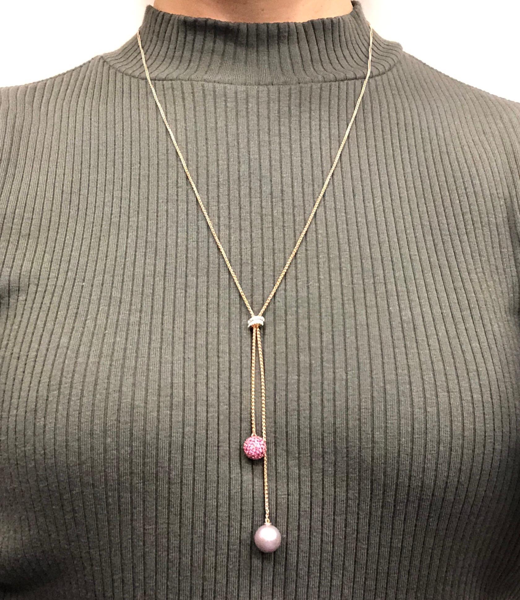 Round Cut 18K Rose Gold Diamond Sapphire Pearl Adjustable Necklace For Sale