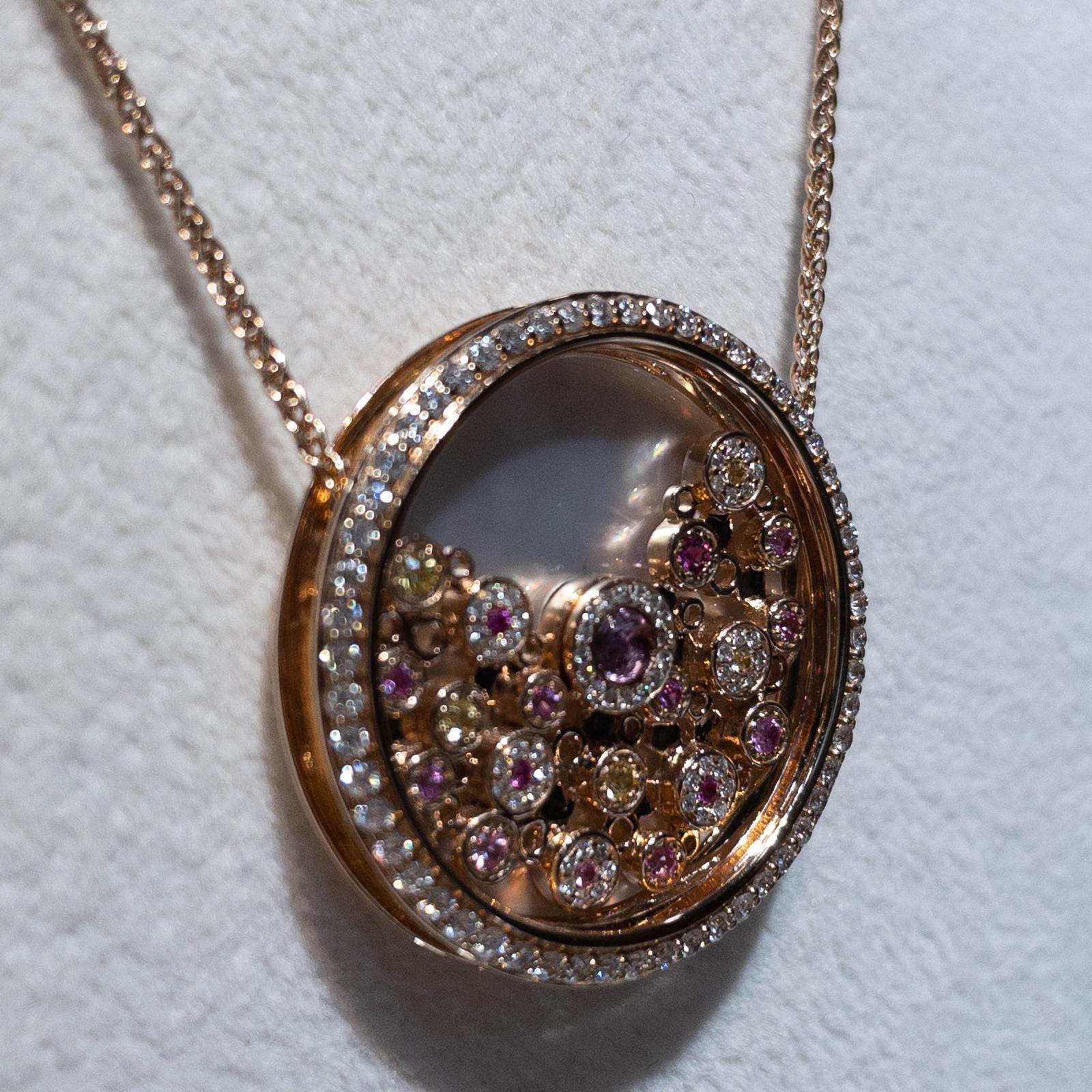 Modern 18K Rose Gold Diamond Sapphire Shell Necklace For Sale