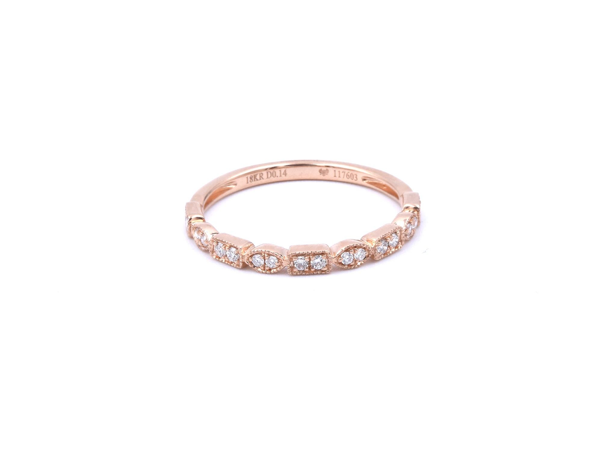Material: 18k rose gold
Diamonds: 13 round brilliant cuts = 0.15cttw
Color: G
Clarity: VS
Size: 6 ¾ (please allow two additional shipping days for sizing requests)  
Dimensions: ring measures 2.40mm in width
Weight: 2.5 grams
