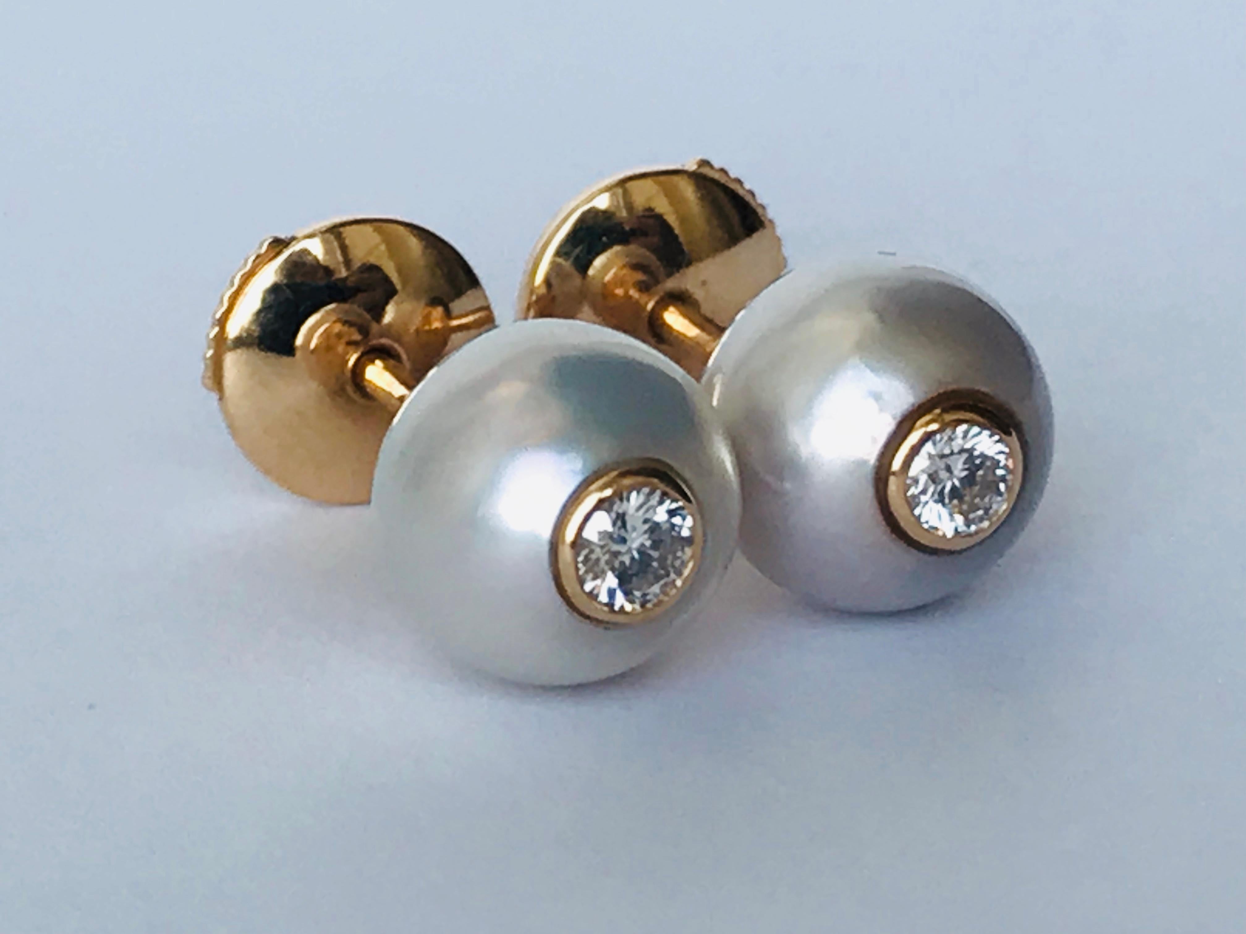 Contemporary 18K Rose gold, Diamonds and Pearls pair of Stud Earrings by Frederique Berman