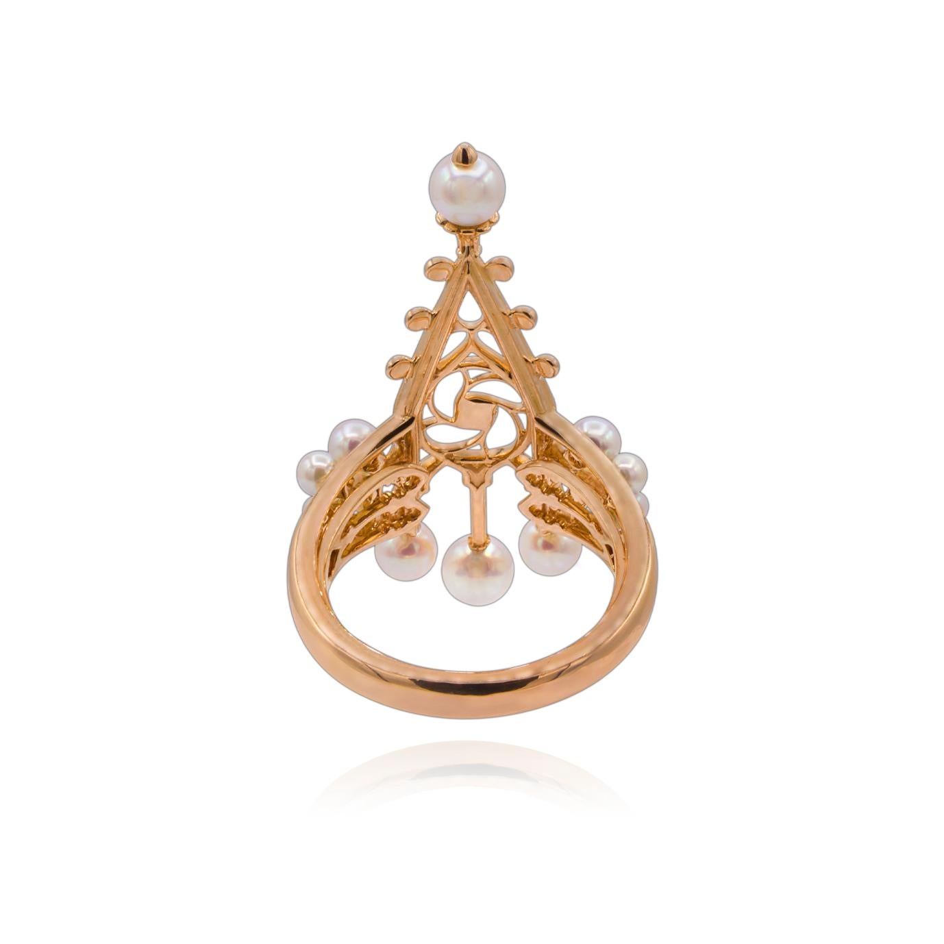 Round Cut 18k Rose Gold, Diamonds, Baby Akoy Pearls, Ring For Sale