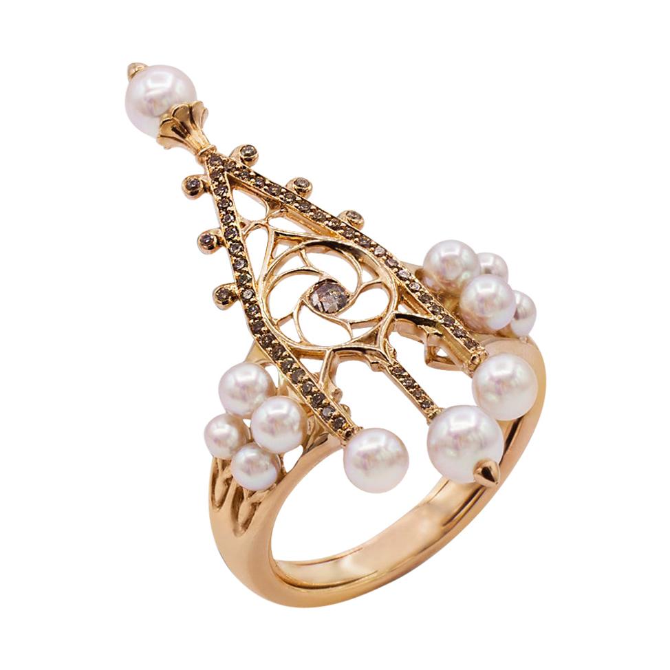 18k Rose Gold, Diamonds, Baby Akoy Pearls, Ring