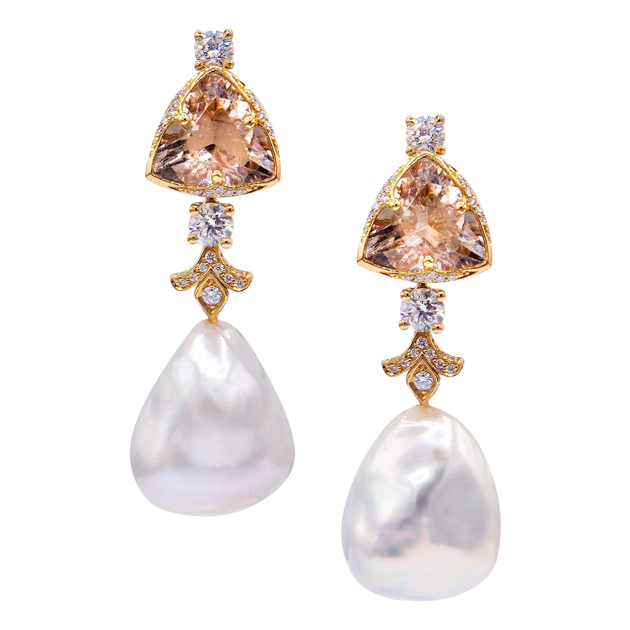 Boucles d'oreilles en or rose 18 carats, diamants, morganites et perles