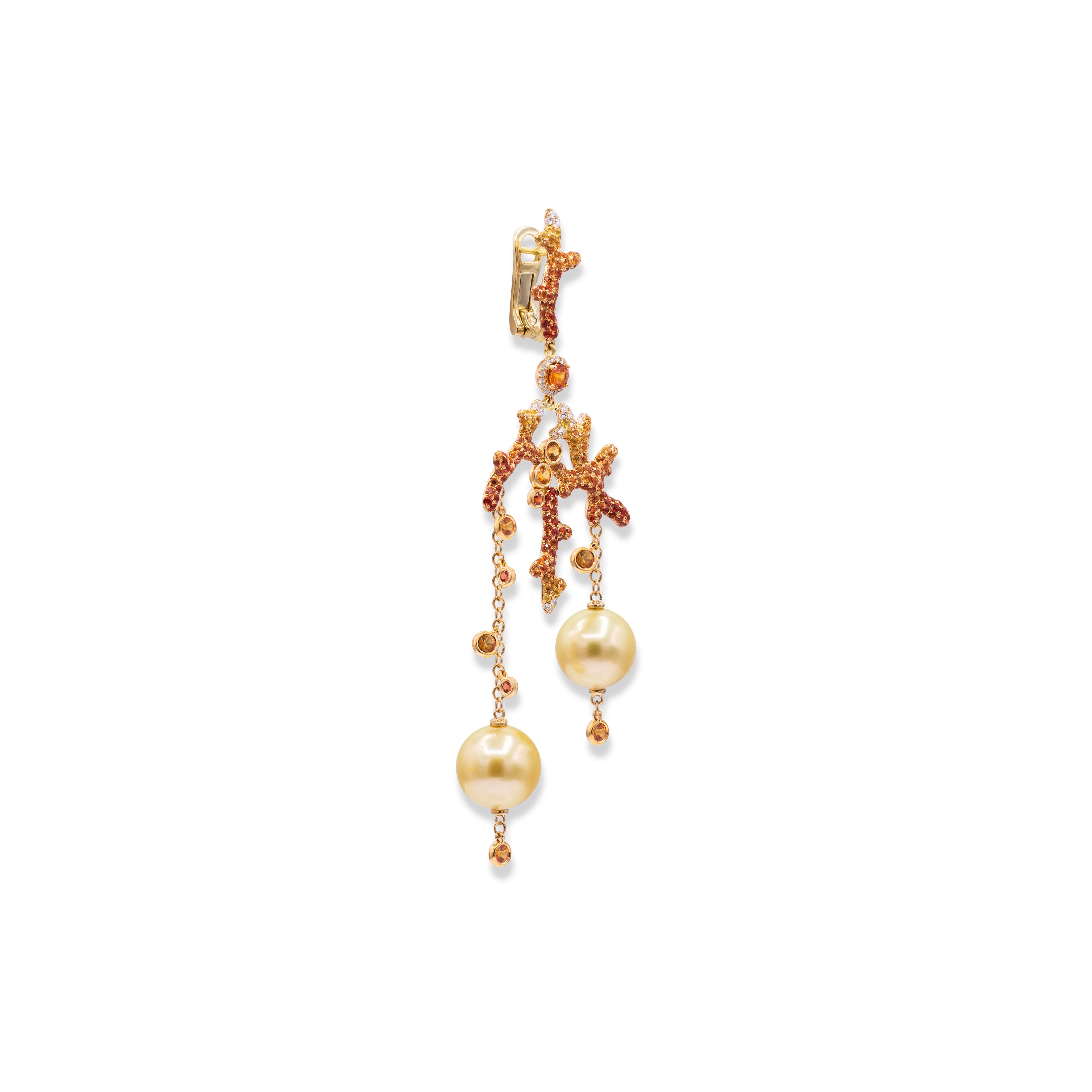 White Diamonds 0.51 cts - Yellow and Orange Sapphires 4.7 cts - Gold South Sea Pearls 4 pieces (from 11.5 to 11.75mm).                                                                                                                                   