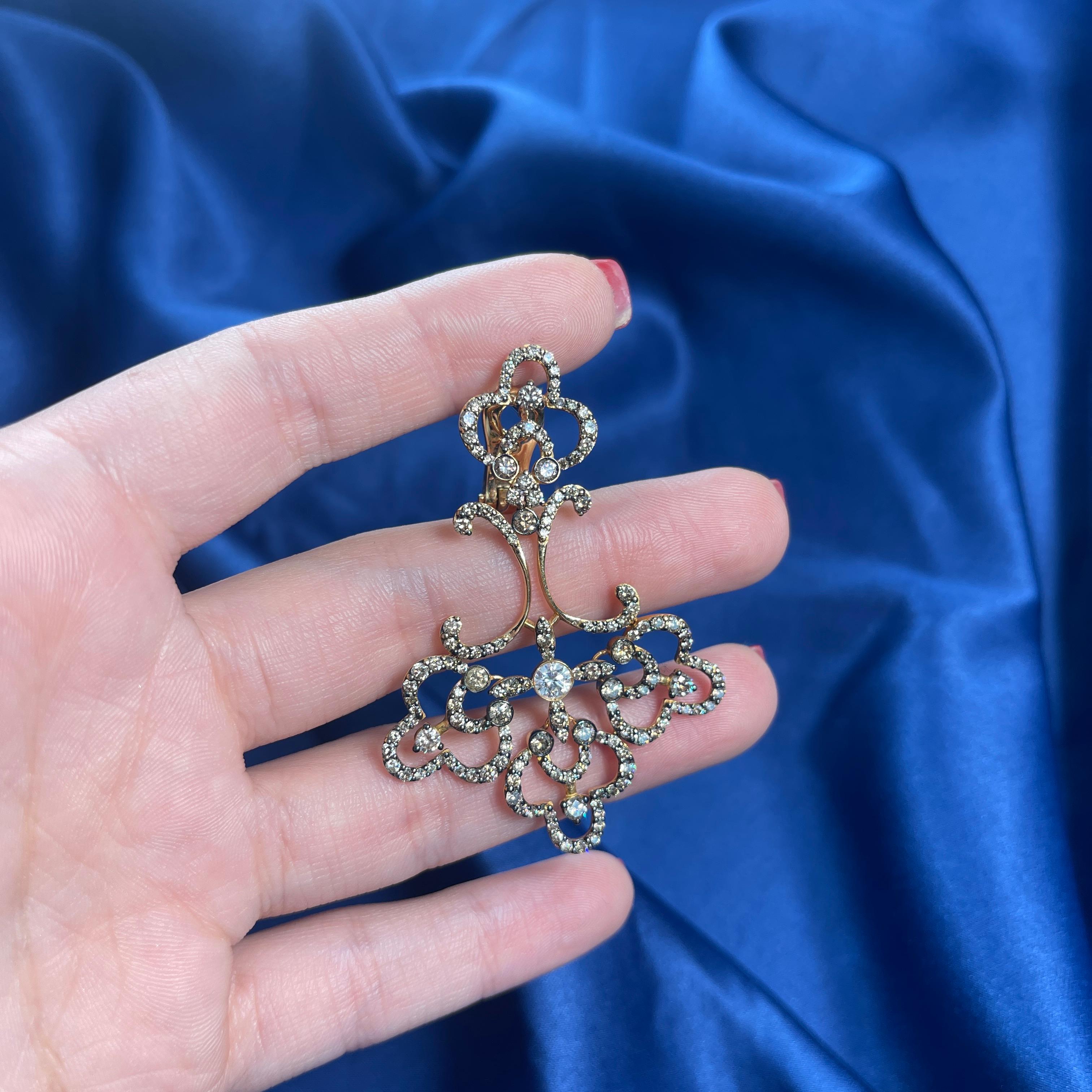 18K Rose Gold Drop Earrings with Brown and White Diamonds In New Condition For Sale In Bergamo, BG
