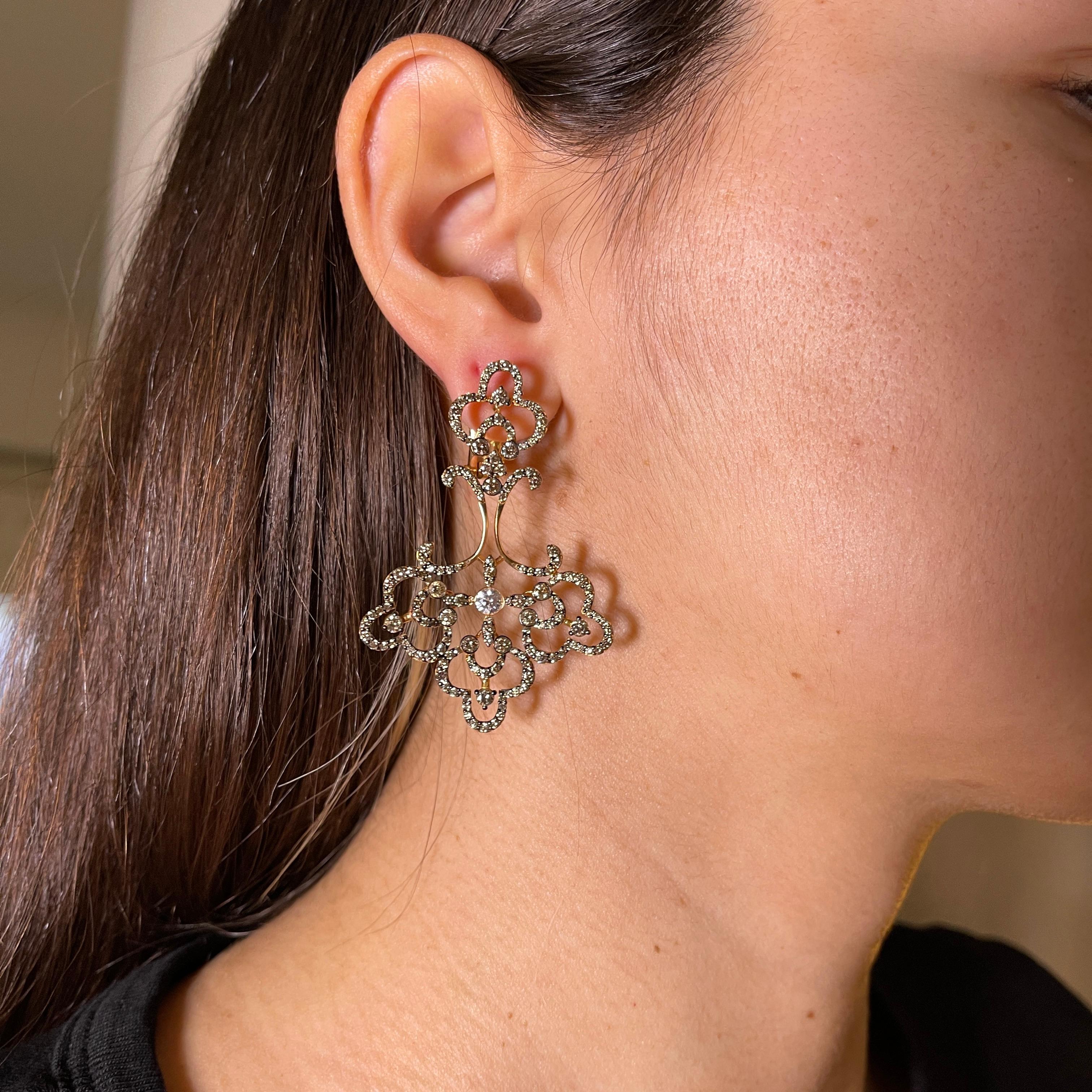 18K Rose Gold Drop Earrings with Brown and White Diamonds For Sale 1