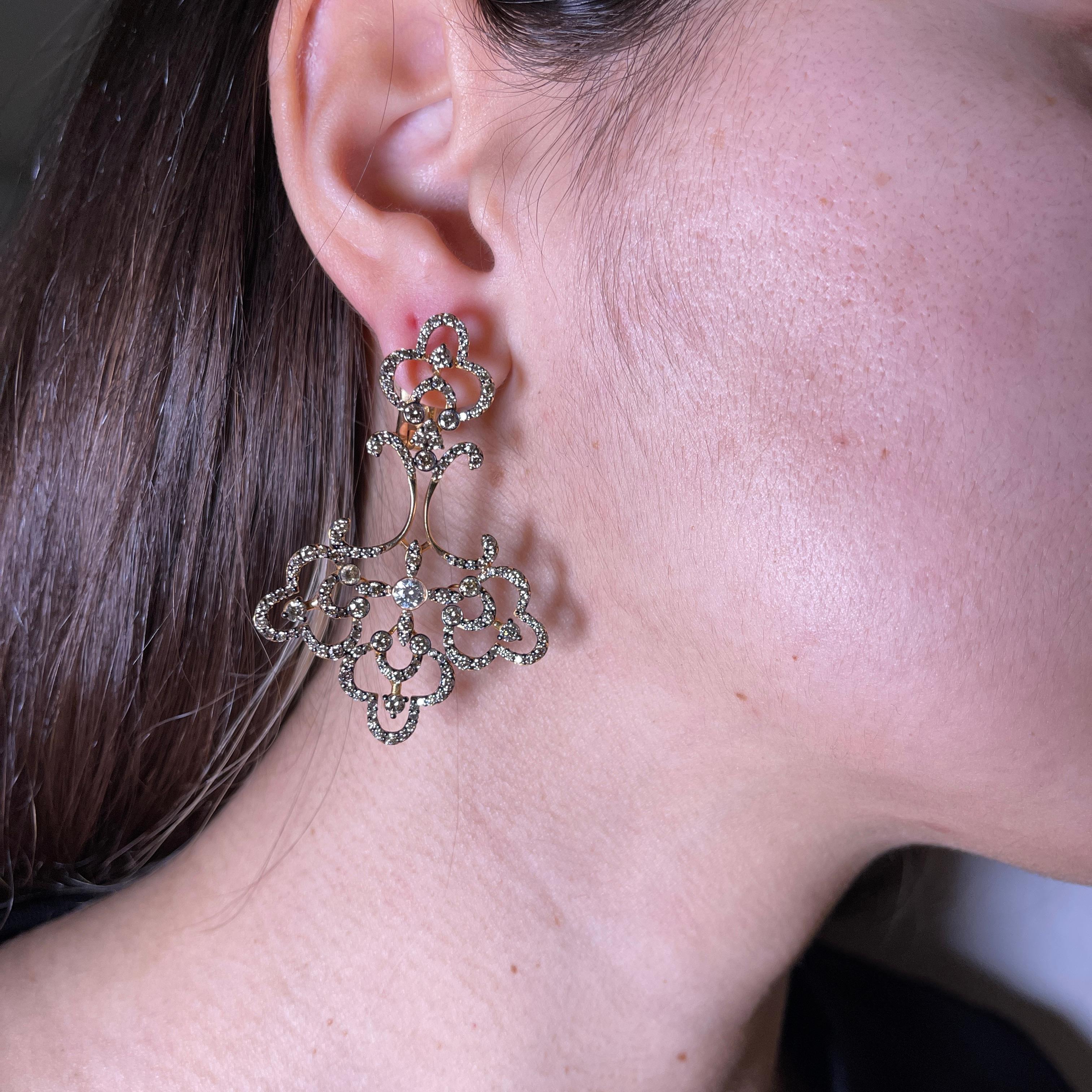 18K Rose Gold Drop Earrings with Brown and White Diamonds For Sale 3