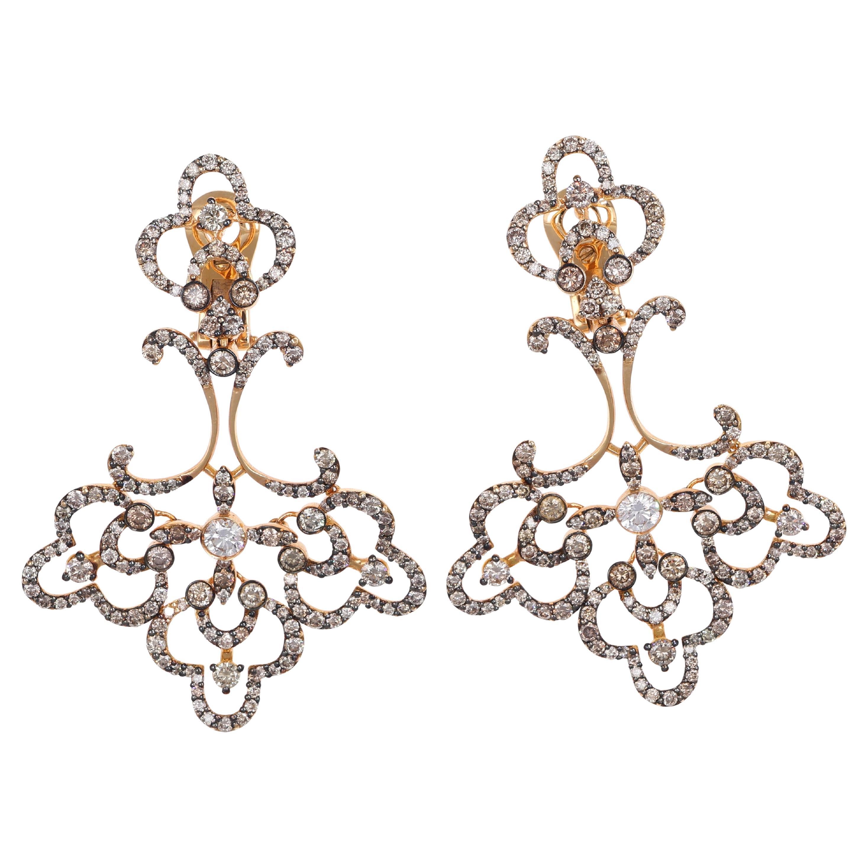 18K Rose Gold Drop Earrings with Brown and White Diamonds